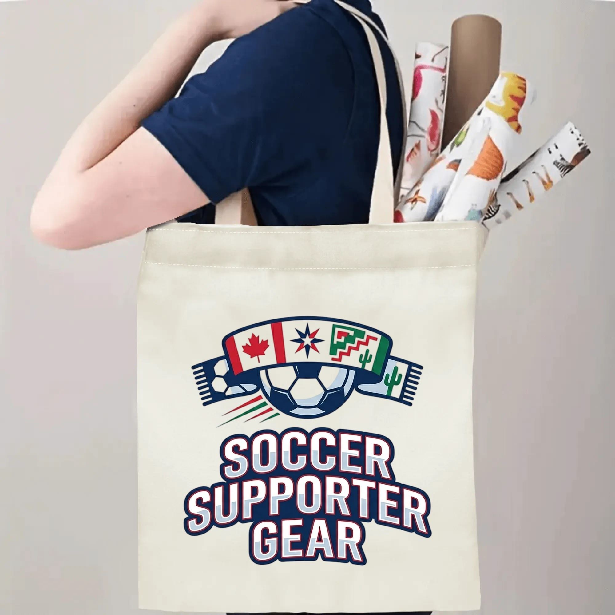 Person slinging three-nation scarf soccer supporter canvas tote bag over shoulder, large capacity patriotic football fan carry bag for stadium trips
