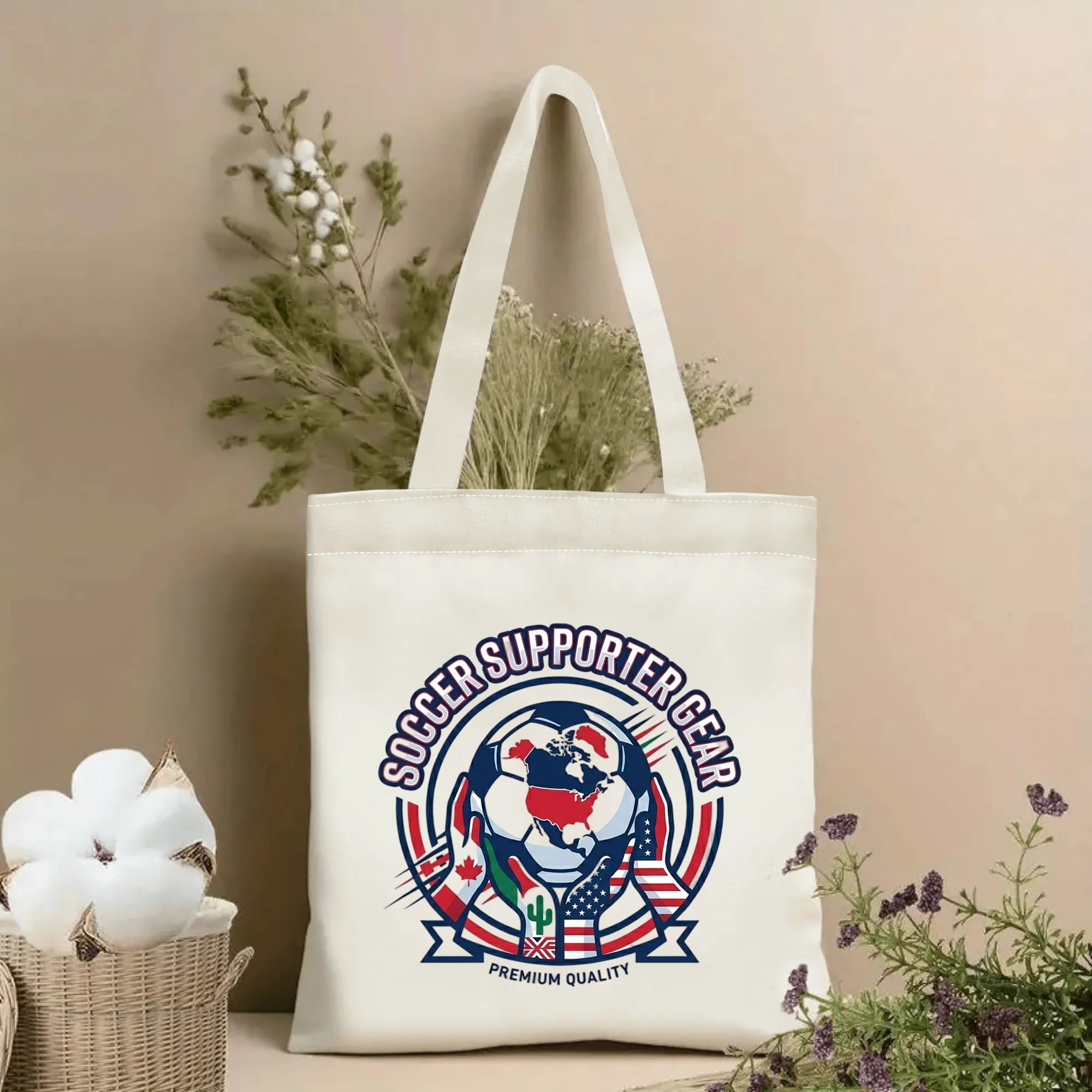 2026 World Cup circular soccer supporter gear North America globe crest print canvas tote bag, minimalist three-host patriotic fan eco shoulder bag indoor wall photo