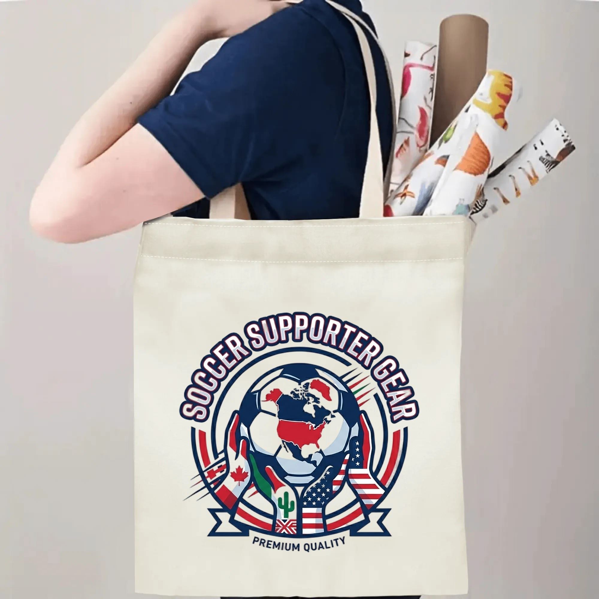Person slinging retro shield soccer supporter canvas tote bag over shoulder, large capacity quiet patriotic football fan carry bag for stadium trips