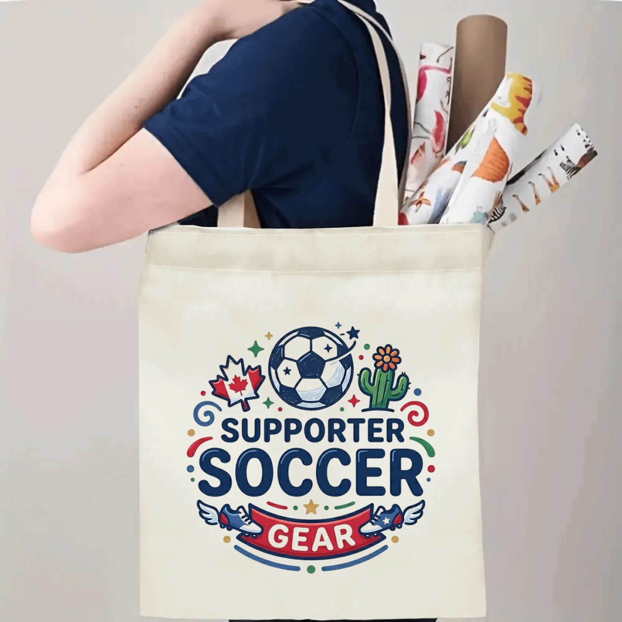 Person slinging simple soccer supporter canvas tote bag over shoulder, large capacity athletic football fan carry bag for stadium trips