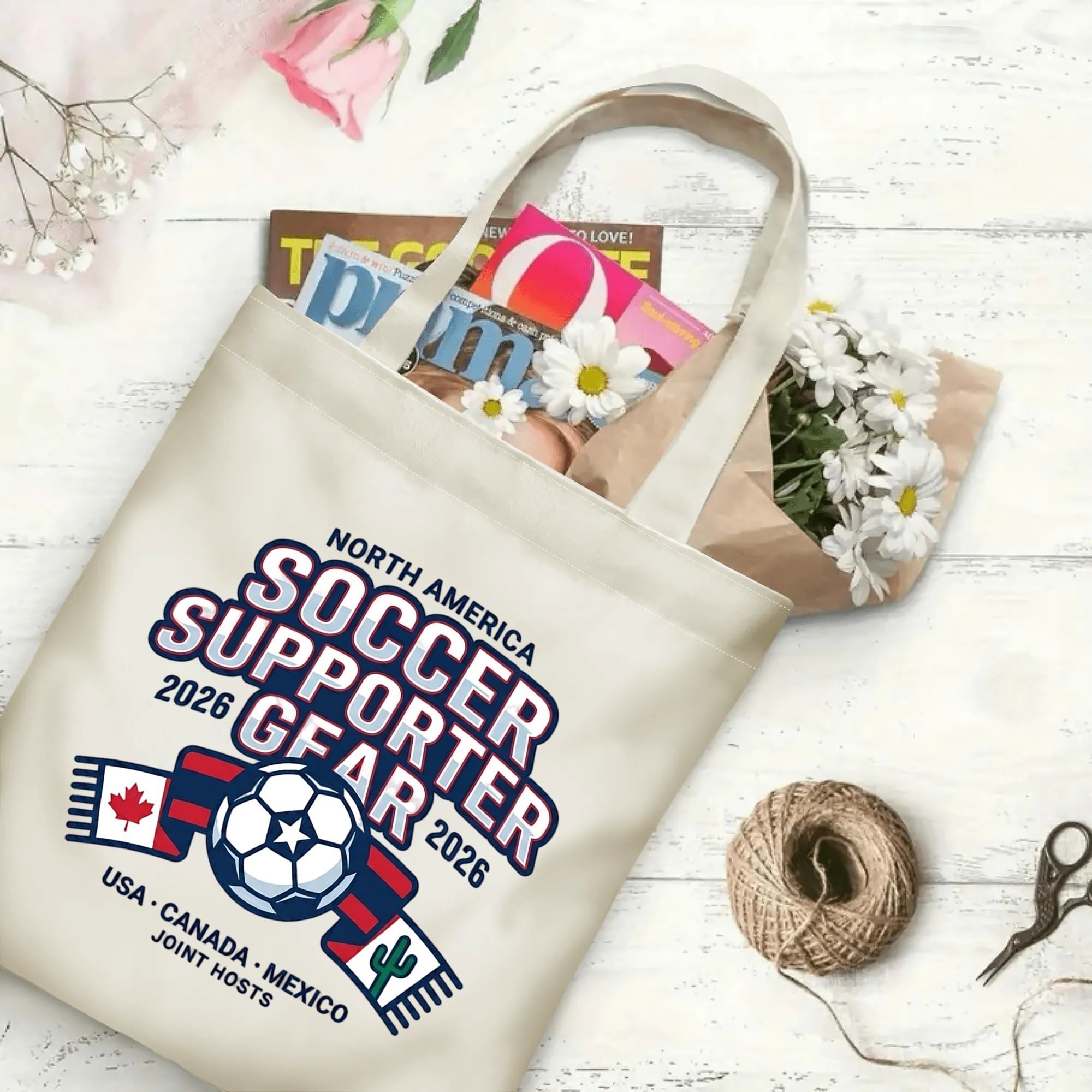 2026 football tournament varsity ribbon maple cactus soccer logo polyester canvas tote bag flat laid with magazines, daisies and twine, reusable sport fan daily shopping bag