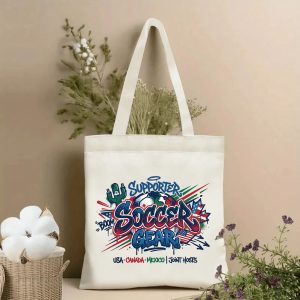 2026 World Cup drip graffiti soccer supporter gear print canvas tote bag, three-host street art patriotic fan eco shoulder bag indoor wall styling photo