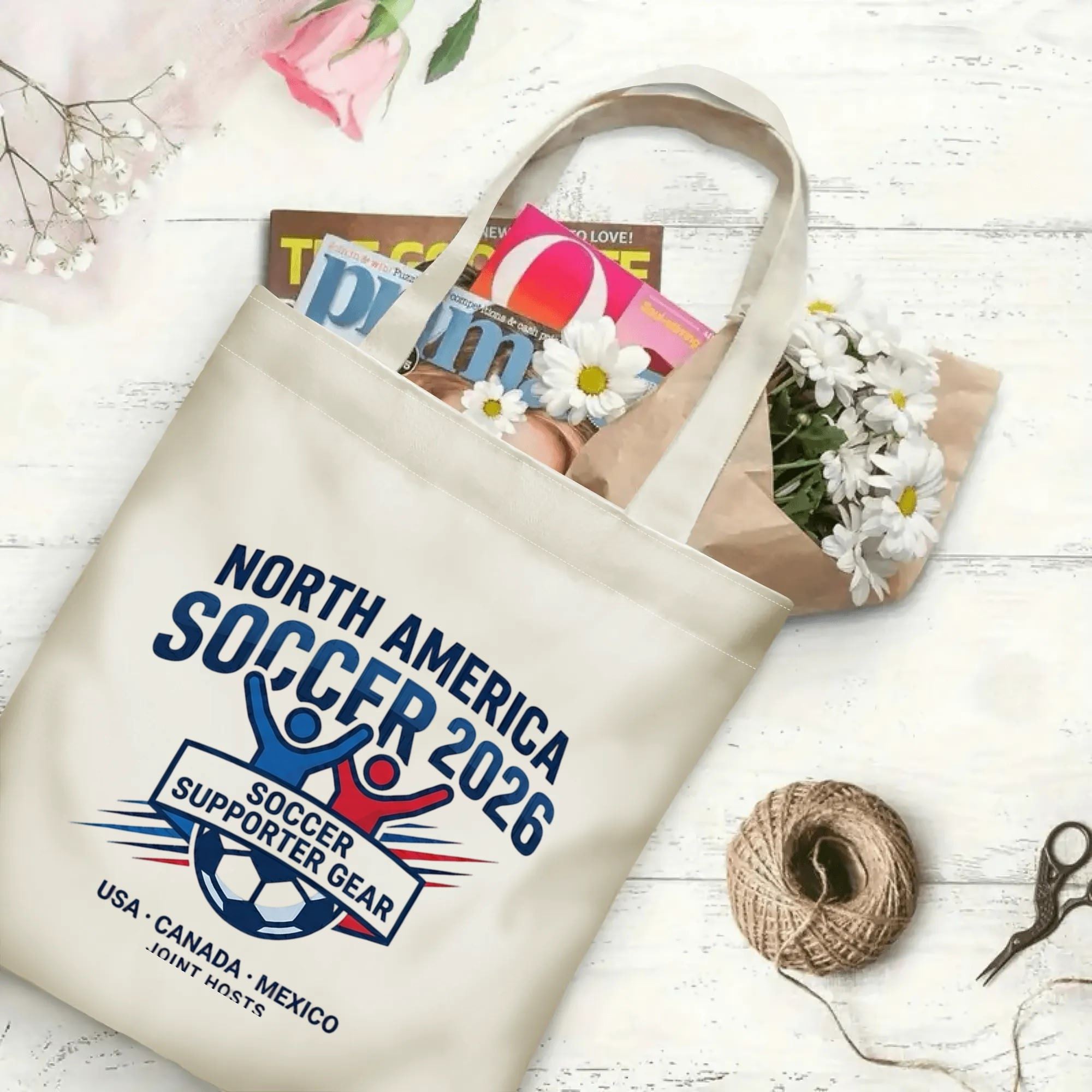 2026 soccer tournament vintage cheering figure badge polyester canvas tote bag laid flat with magazines, daisies and twine, reusable sport fan daily shopping bag