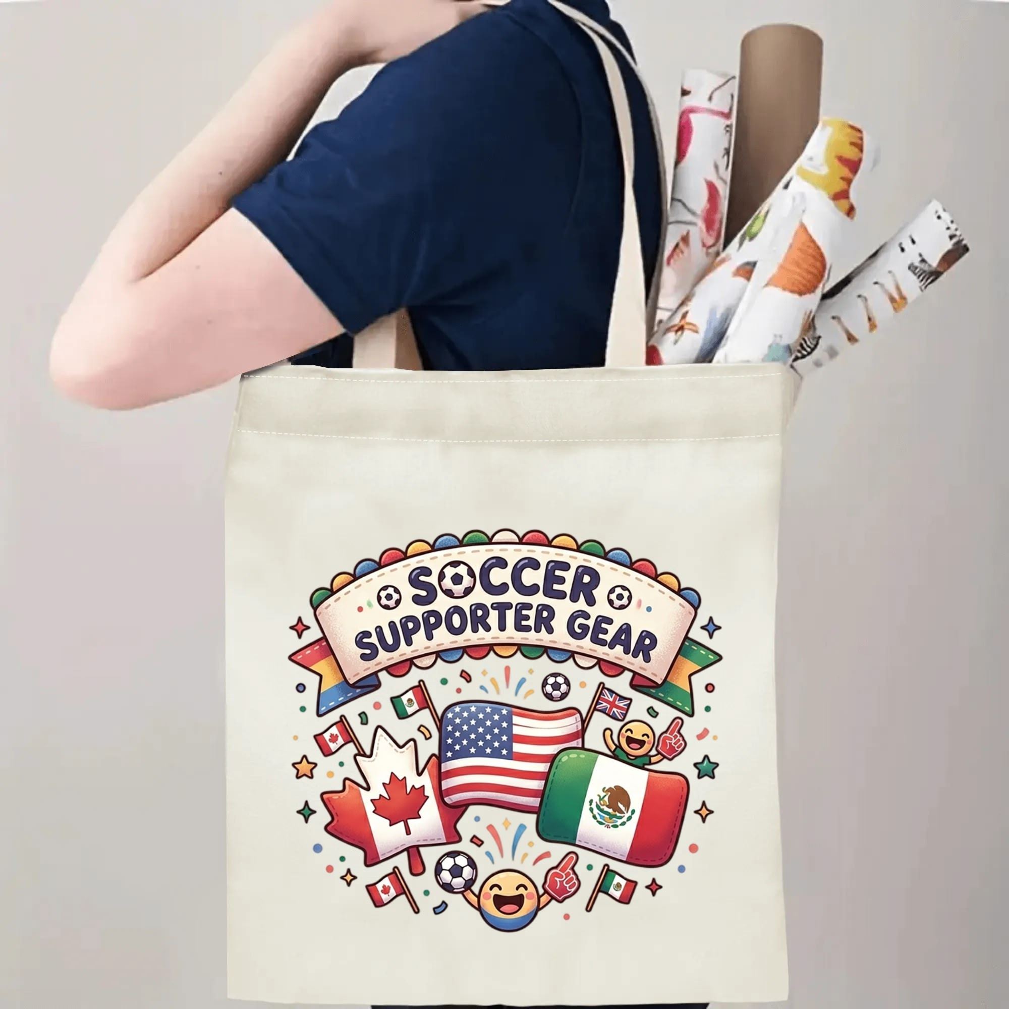 Person slinging kawaii emoji three-nation soccer supporter canvas tote bag over shoulder, large capacity fun patriotic football fan carry bag for stadium trips