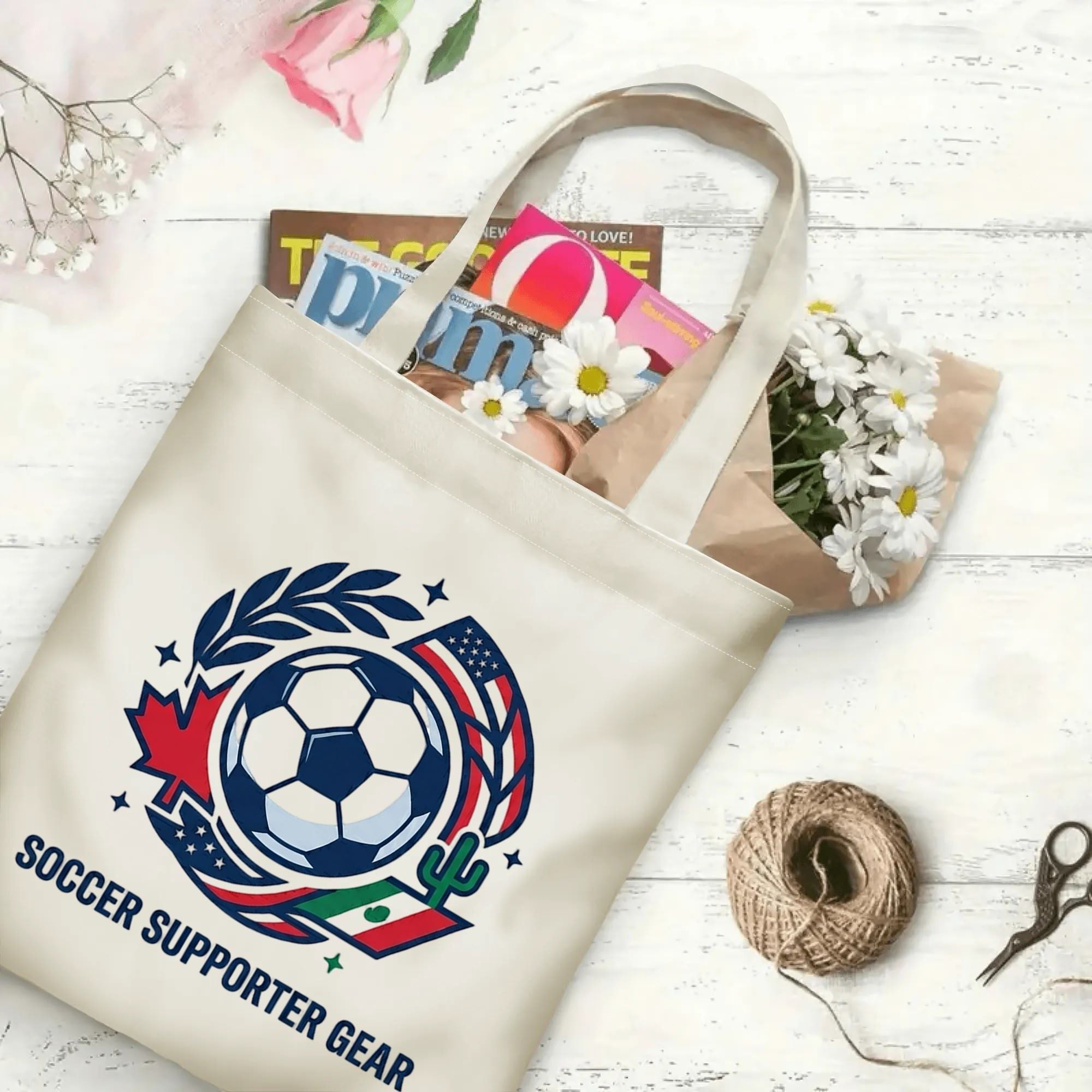 2026 football tournament elegant victory wreath national flag soccer polyester canvas tote bag flat laid with magazines, daisies and twine, reusable sleek fan daily shopping bag