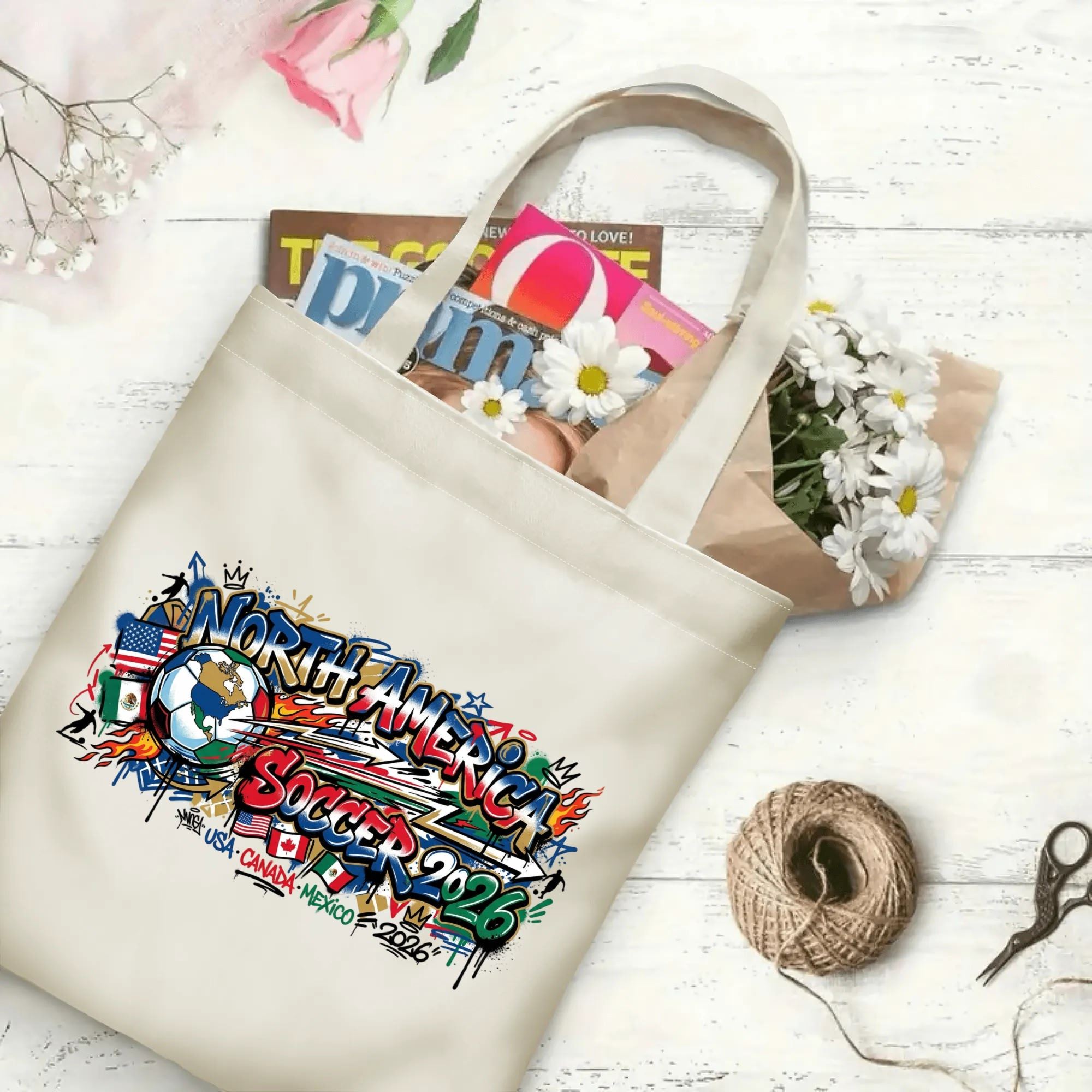 2026 World Cup vibrant street graffiti North America soccer print canvas tote bag, three joint-host trendy patriotic fan eco shoulder bag indoor wall decor photo