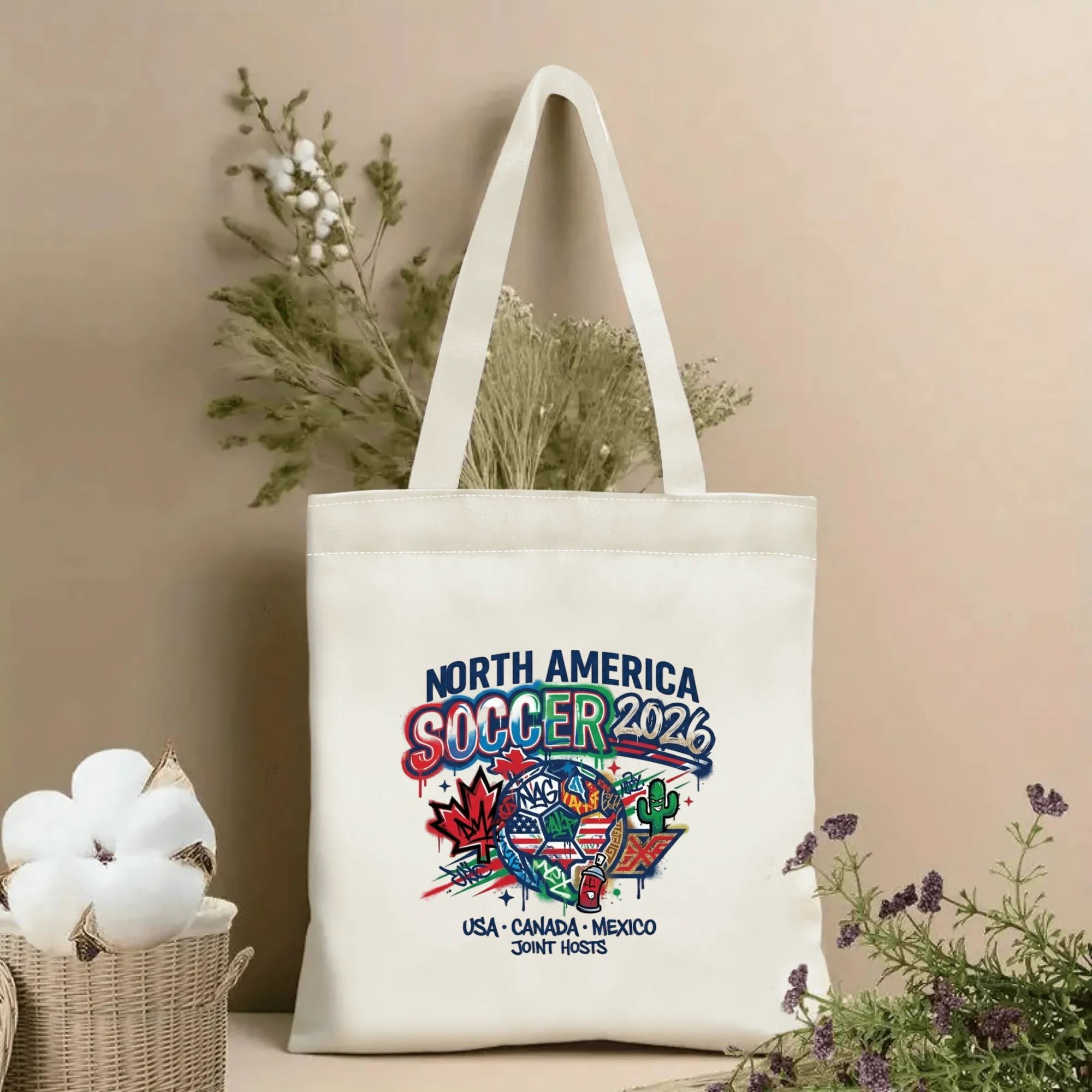 2026 World Cup drip graffiti maple cactus soccer print canvas tote bag, three joint-host trendy patriotic fan eco shoulder bag indoor wall decor photo