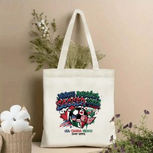 2026 World Cup drip graffiti three host country flag soccer ball print polyester canvas tote bag, trendy street art football fan eco shoulder bag indoor wall styling photo