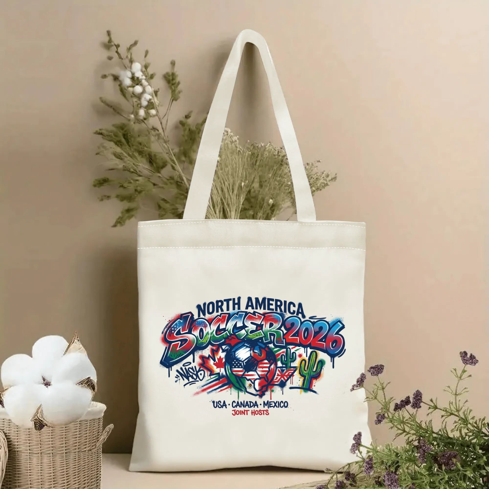 2026 World Cup drip graffiti North America Soccer 2026 print canvas tote bag, three-host street art patriotic fan eco shoulder bag indoor wall styling photo