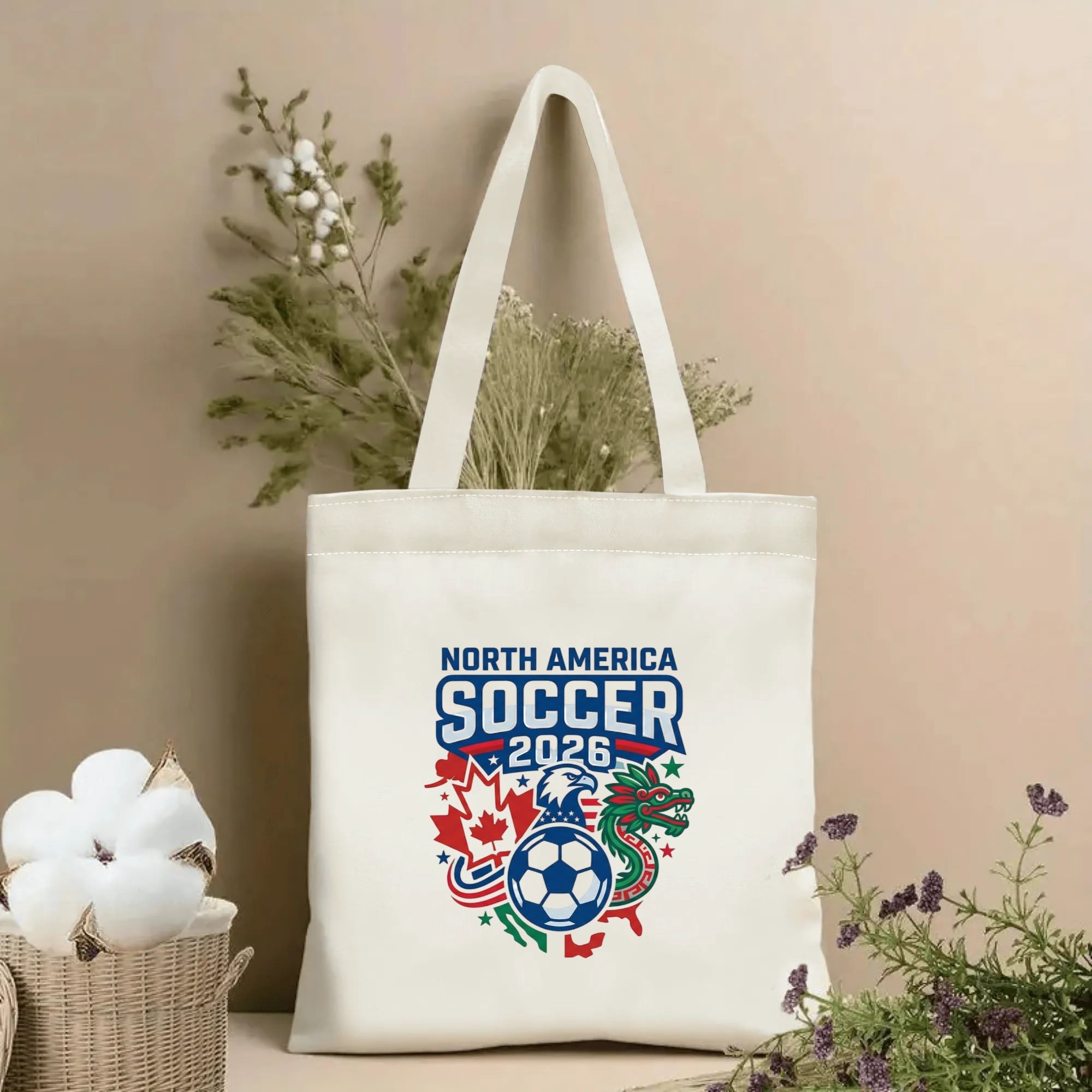 2026 World Cup eagle dragon maple mascot soccer print canvas tote bag, three-host patriotic fan eco shoulder bag indoor wall photo