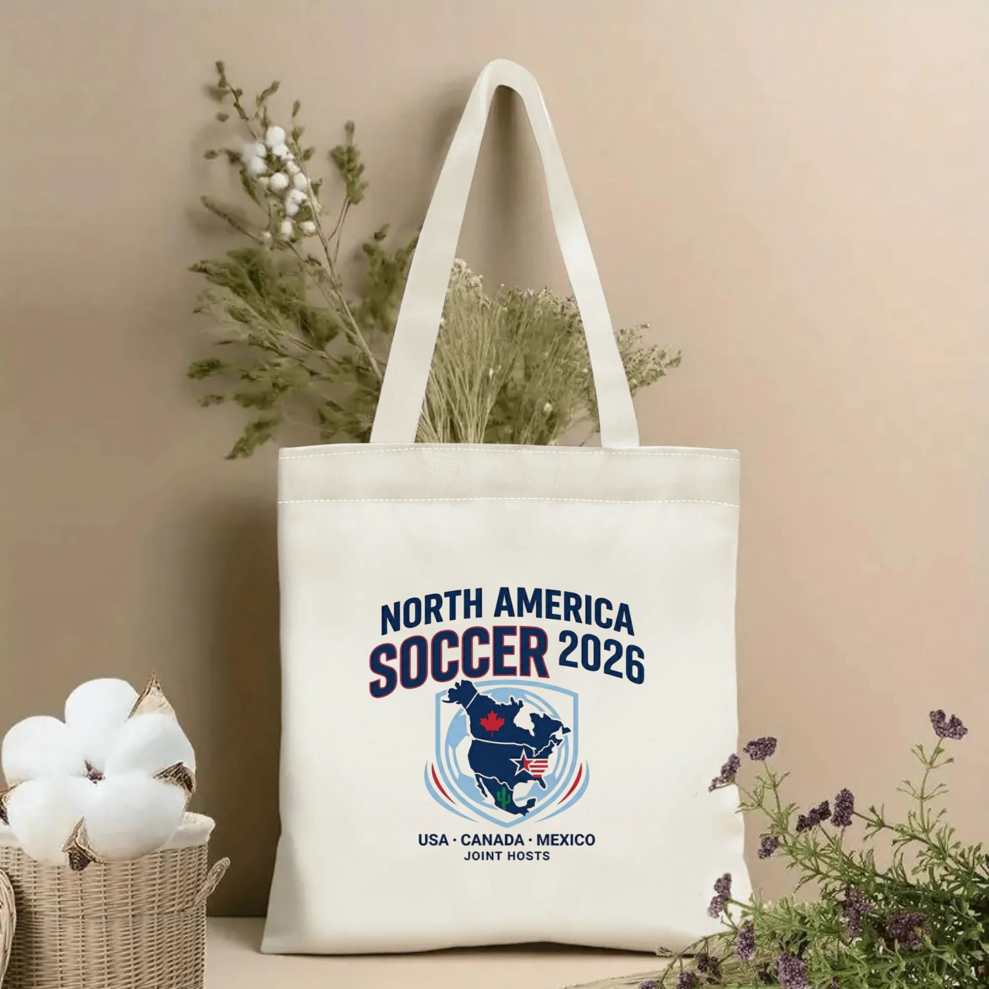 2026 World Cup North America continent map shield print canvas tote bag, three-host minimalist patriotic fan eco shoulder bag indoor wall photo