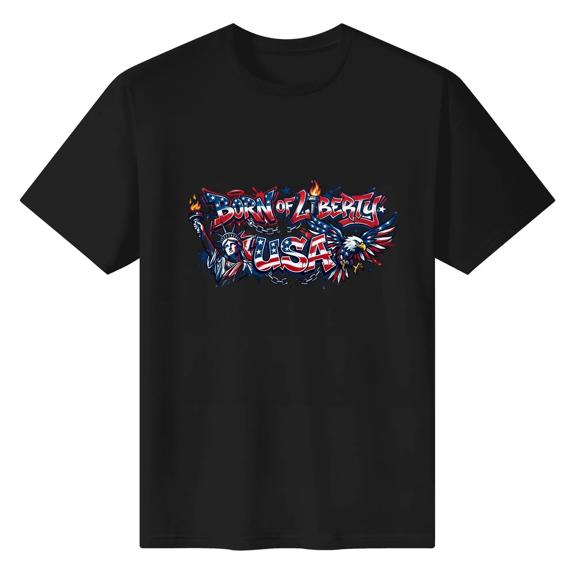 Solid black crew neck casual tee with same Born Of Liberty patriotic graffiti artwork print.