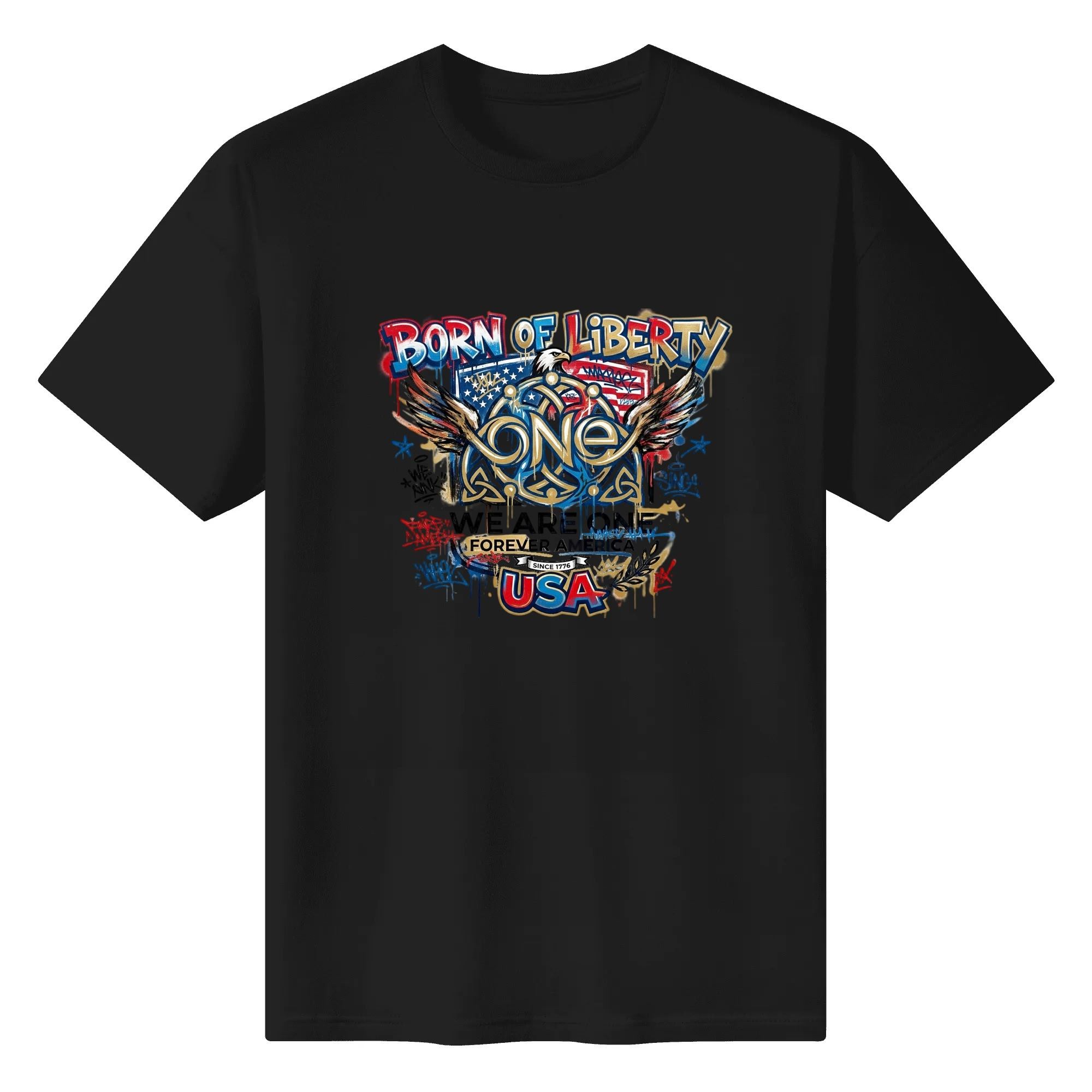 Solid black crew neck t-shirt flat lay with Born of Liberty USA eagle american flag graffiti graphic, retro patriotic 4th July independence day mens casual tee