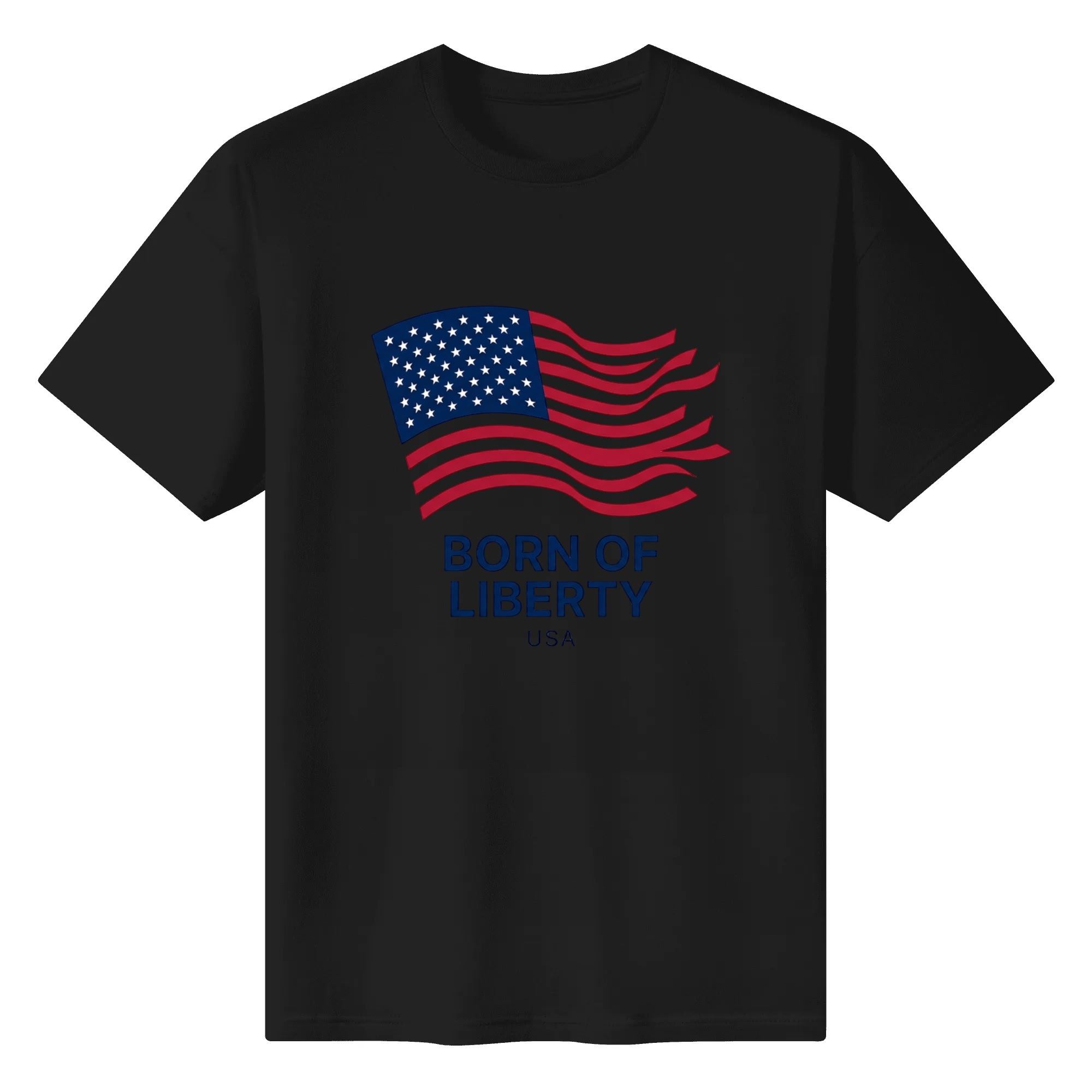 Solid black short sleeve t-shirt flat layout featuring waving US flag and Born of Liberty letter print, classic USA patriotic Independence Day casual men’s tee