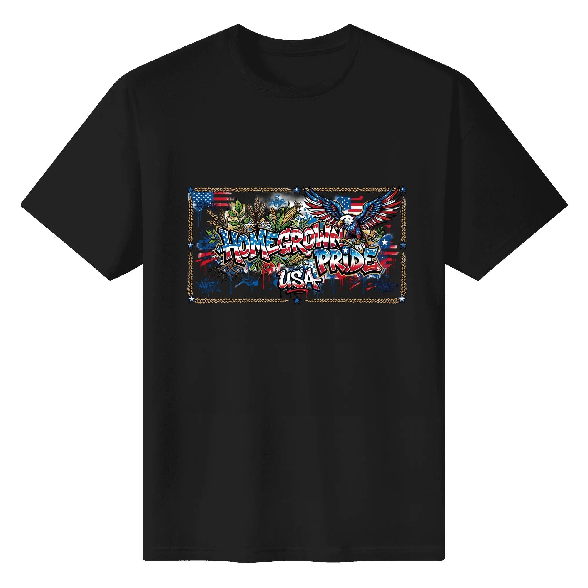 Solid black cotton short sleeve t-shirt with Homegrown Pride USA Eagle & Farm Crop Graffiti Flag Border Print, Independence Day Retro Patriotic Men’s Tee