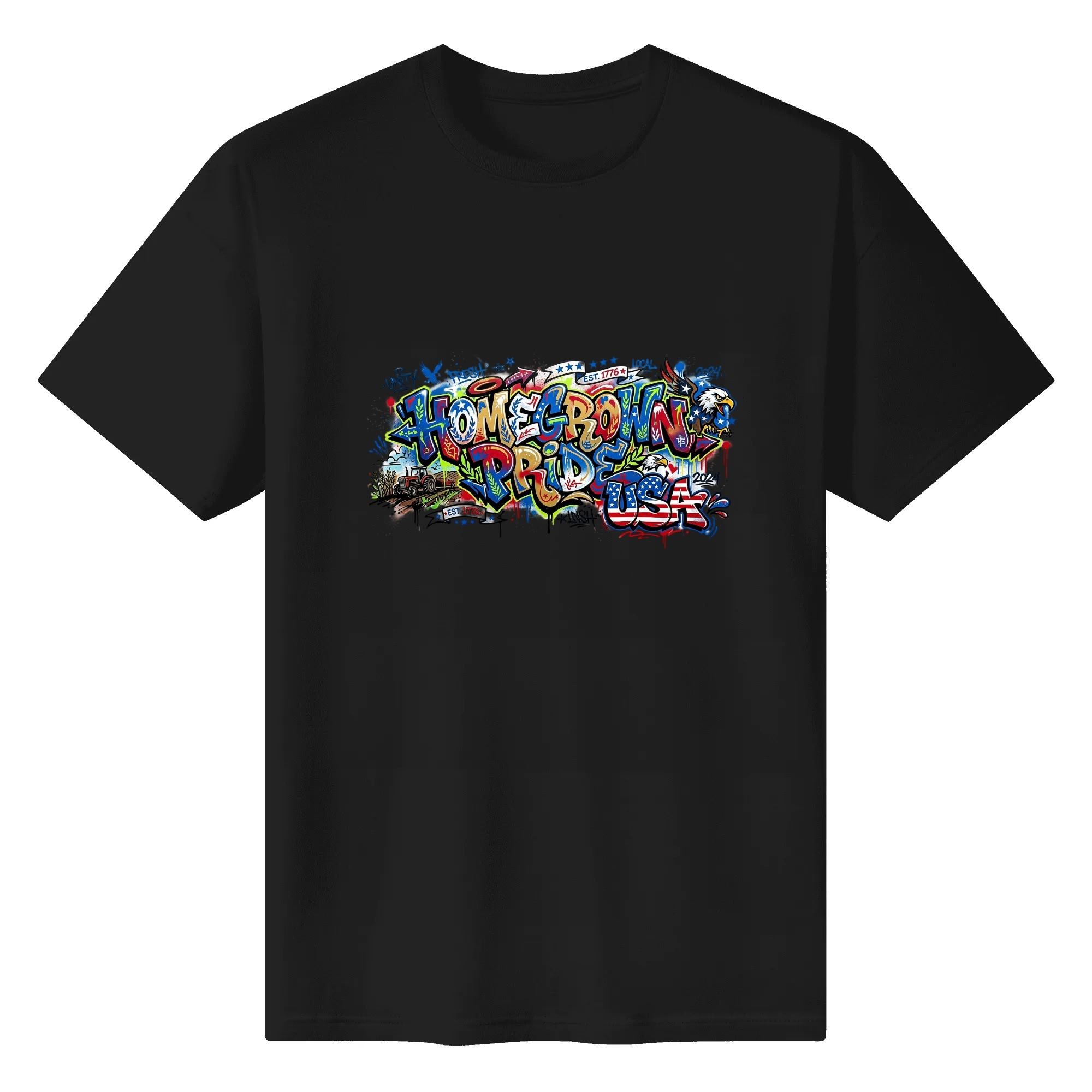 Solid black short sleeve cotton tee flat layout with colorful drip graffiti Homegrown Pride USA bald eagle and American flag artwork, retro patriotic Independence Day casual mens tee