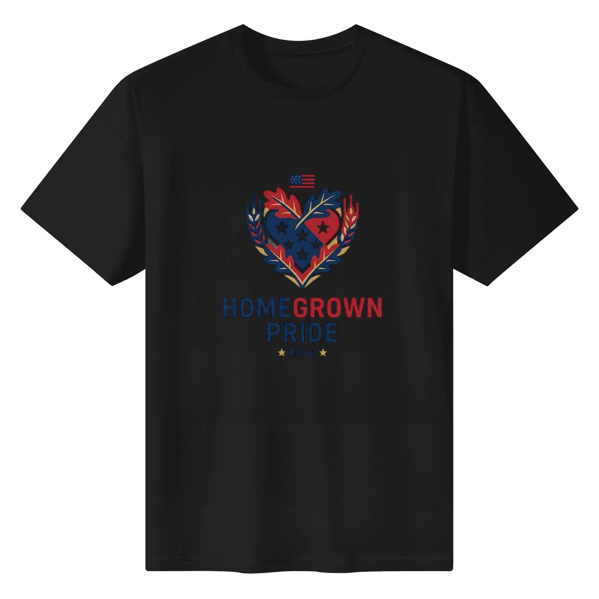 Solid black short sleeve cotton t-shirt flat layout with red-blue heart flag wheat leaf Homegrown Pride USA print, vintage farm patriotic Independence Day casual men’s tee