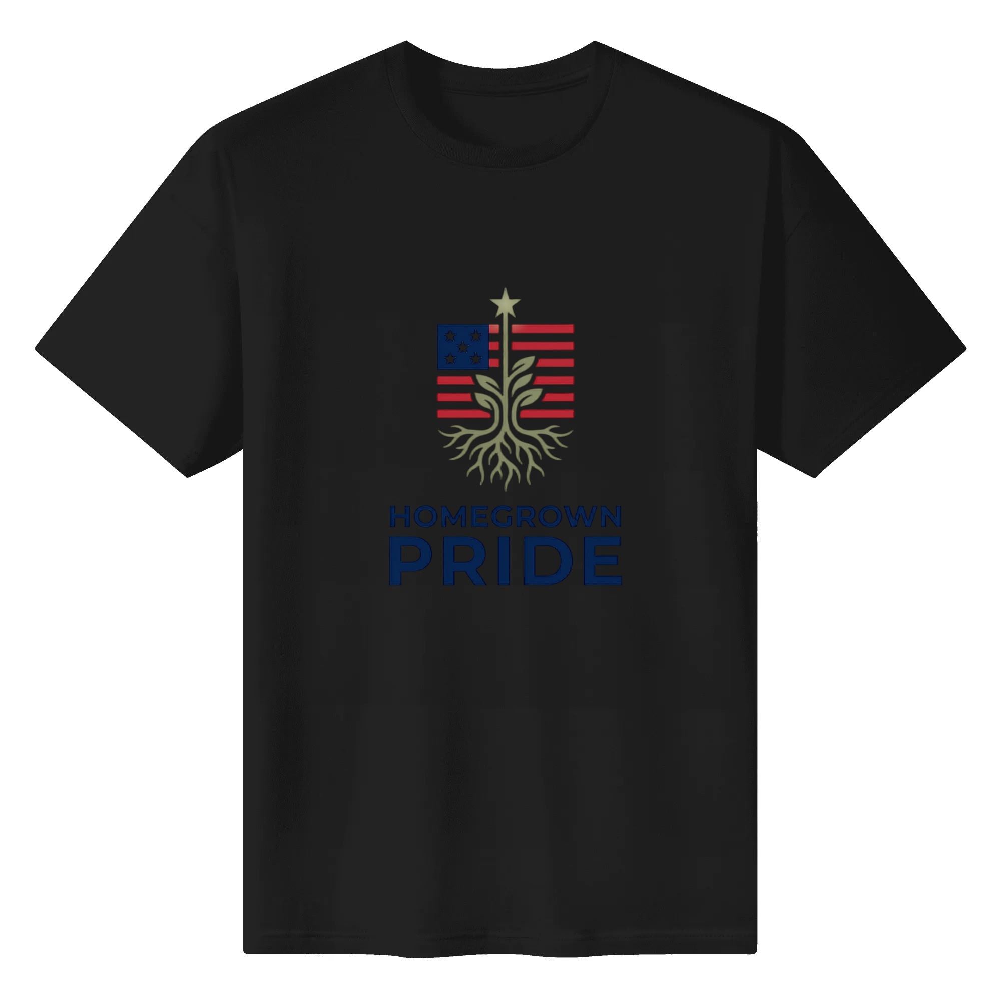Solid black short sleeve cotton tee flat layout with rooted tree American flag Homegrown Pride typography print, vintage rural patriotic Independence Day casual mens tee