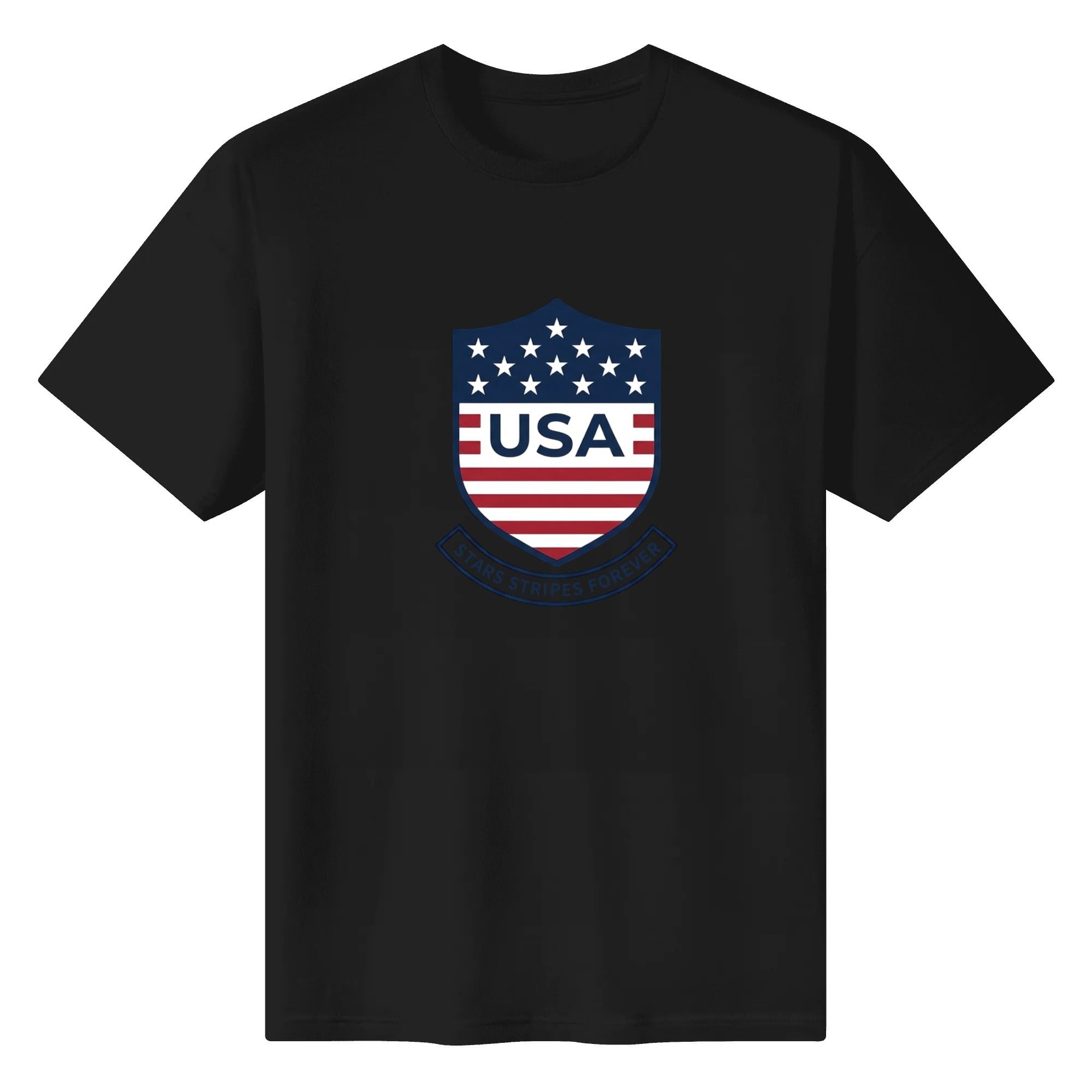 Solid black short sleeve cotton tee flat layout with shield American flag USA Stars Stripes Forever emblem print, simple vintage Independence Day patriotic casual tee