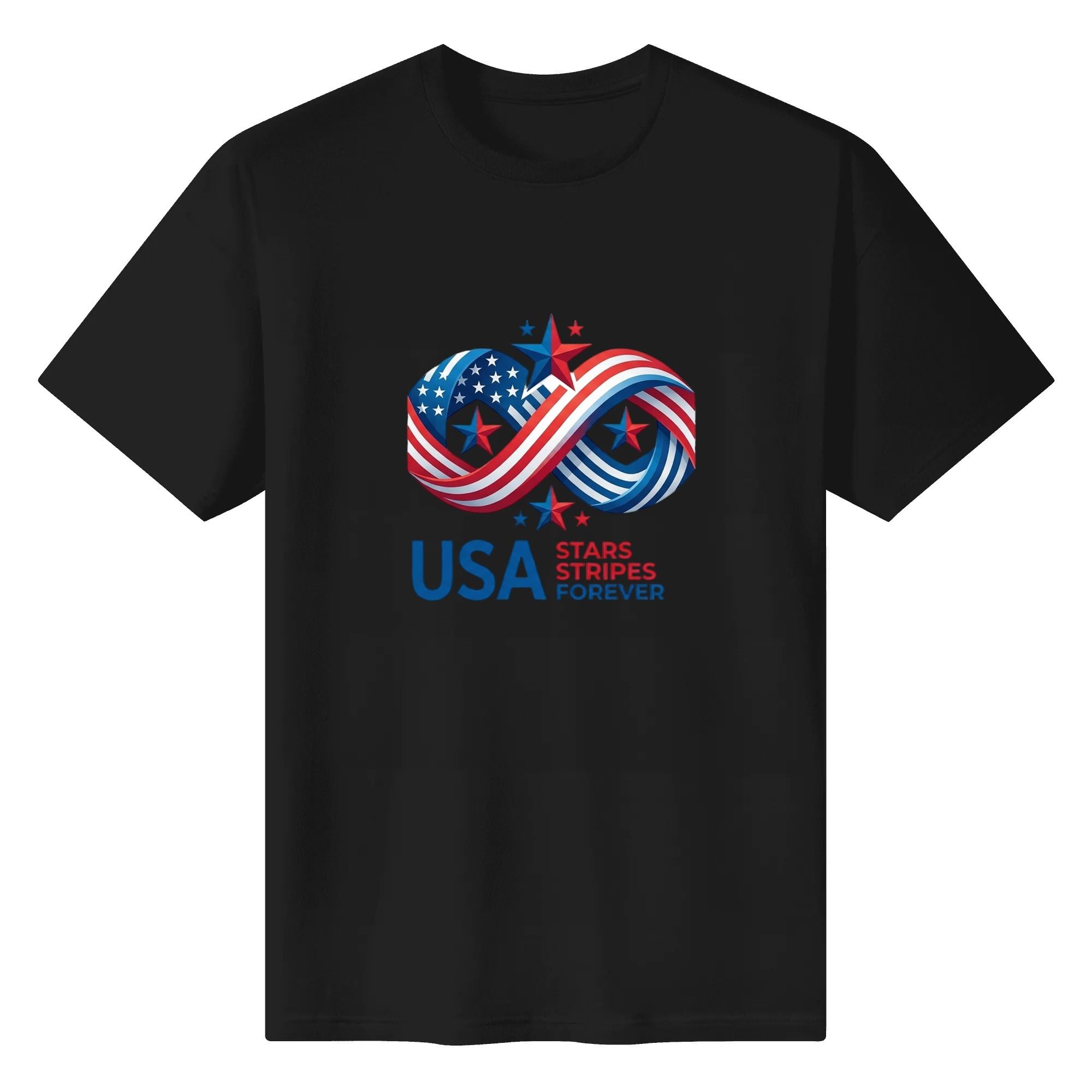 Solid black classic crew neck t-shirt with infinity American flag red blue star patriotic print for Independence Day casual wear
