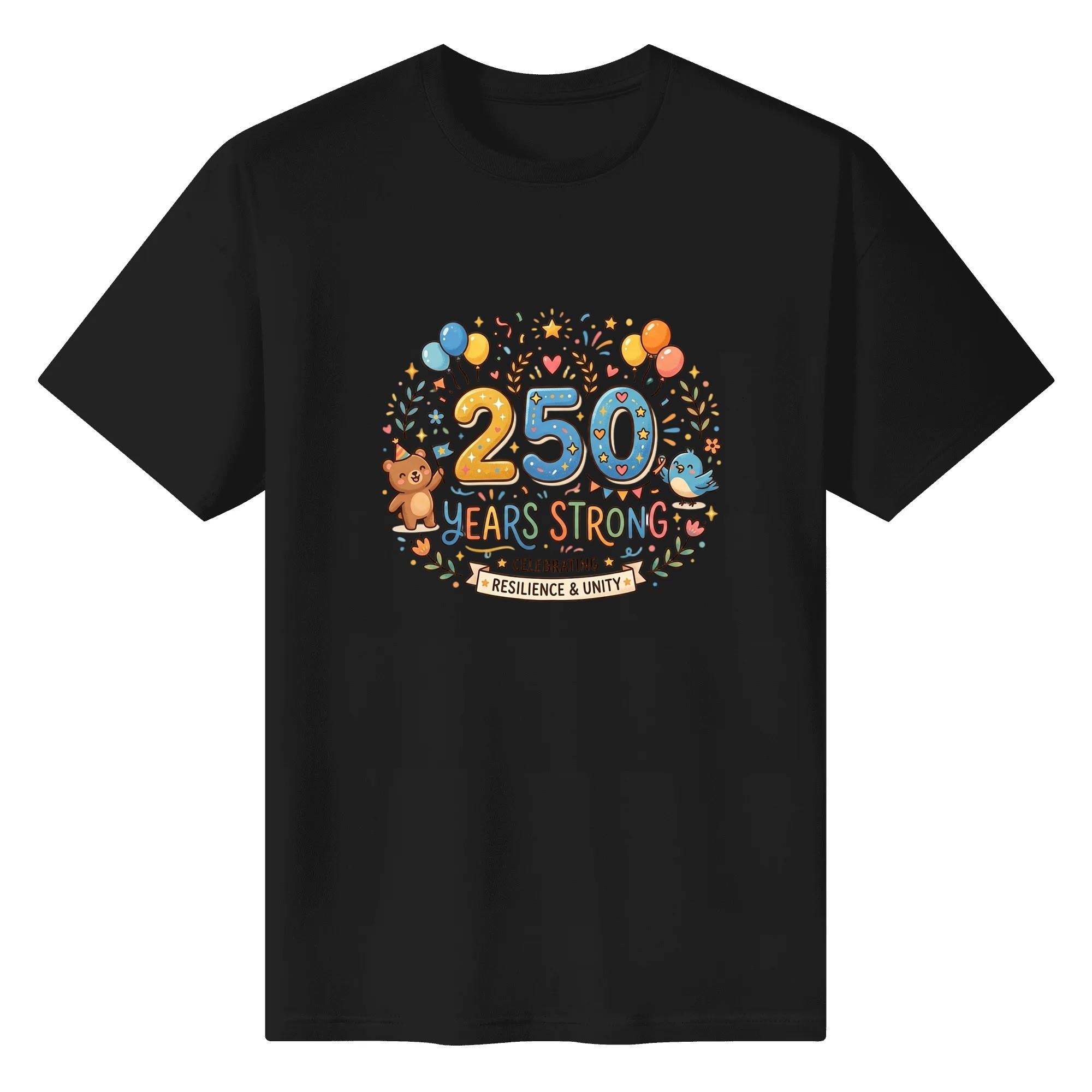 Solid black cotton crew neck tee flat layout with vibrant kid-style bear bird balloon wreath 250 Years Strong patriotic front print, fun Independence Day casual short sleeve shirt
