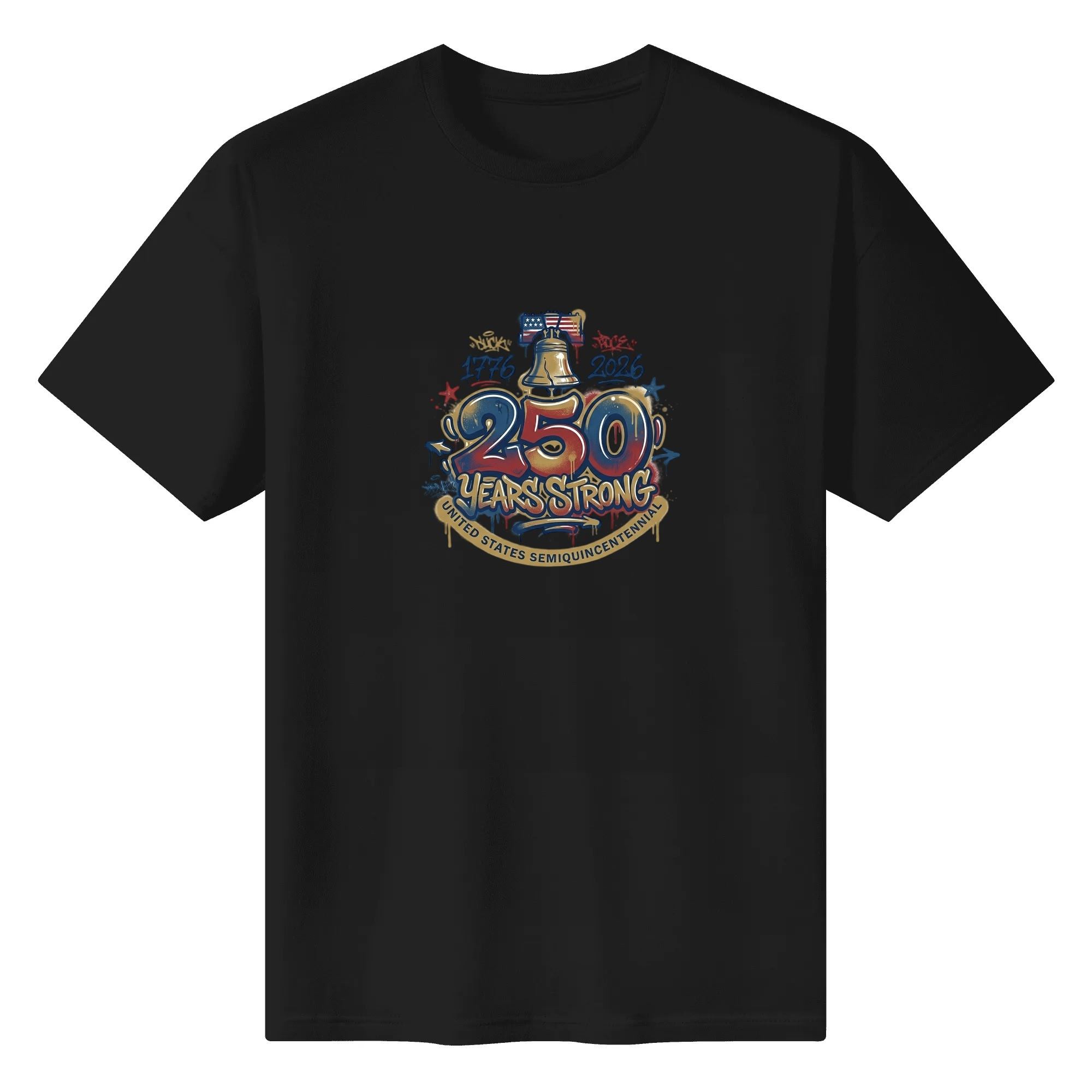 Solid black cotton crew neck tee with retro graffiti liberty bell US star flag 250 Years Strong front artwork, Independence Day men’s casual short sleeve apparel