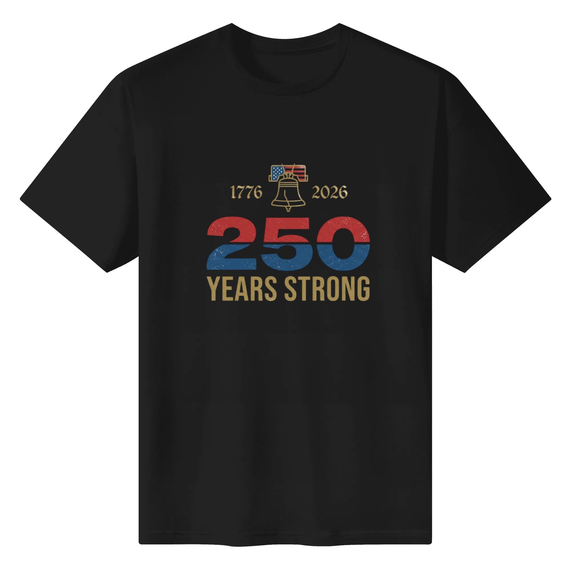 Solid black classic crew neck t-shirt with faded US flag liberty bell 250 Years Strong patriotic vintage graphic for Independence Day wear