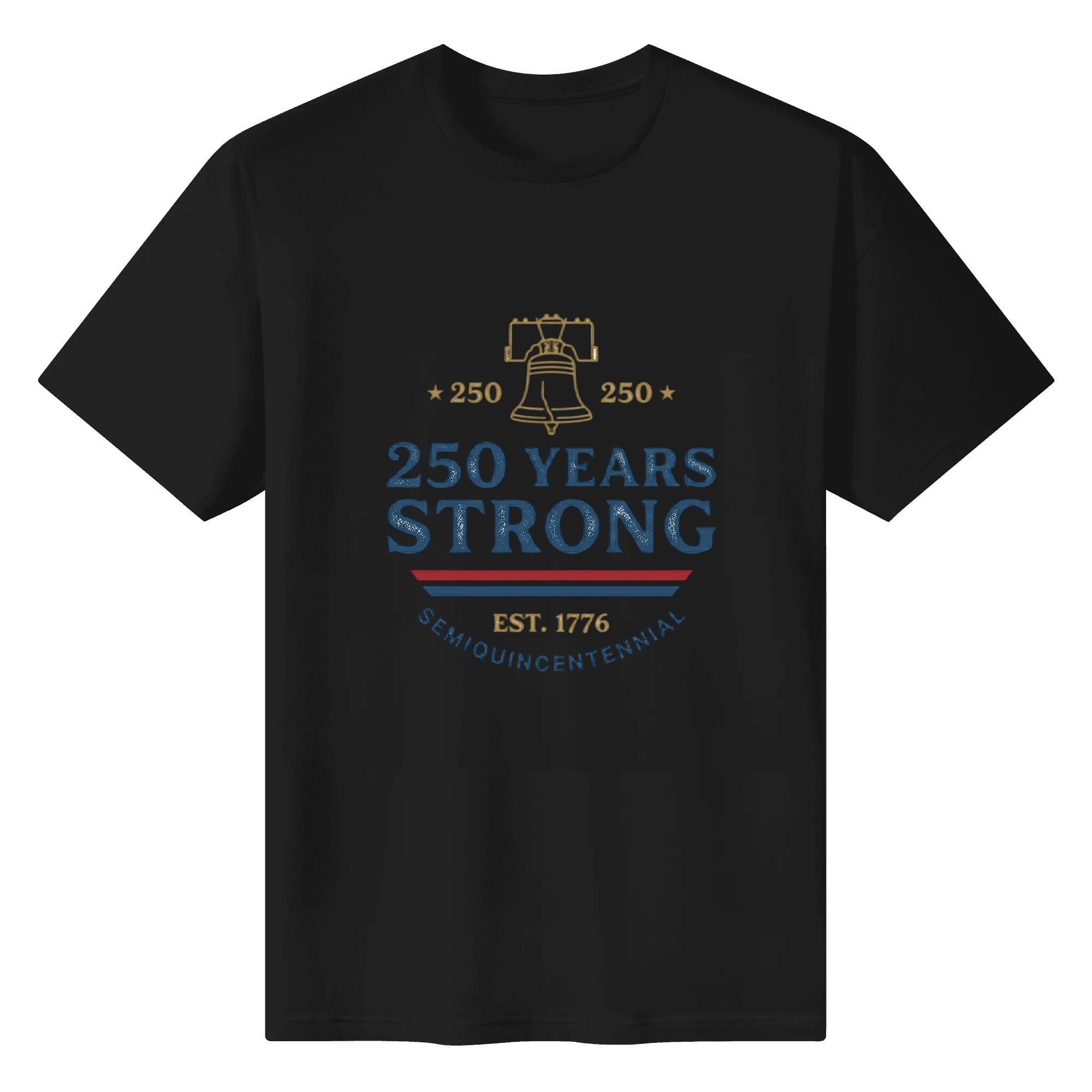 Solid black classic crewneck cotton tee with antique golden liberty bell and vintage blue patriotic typography print for USA 250 celebration