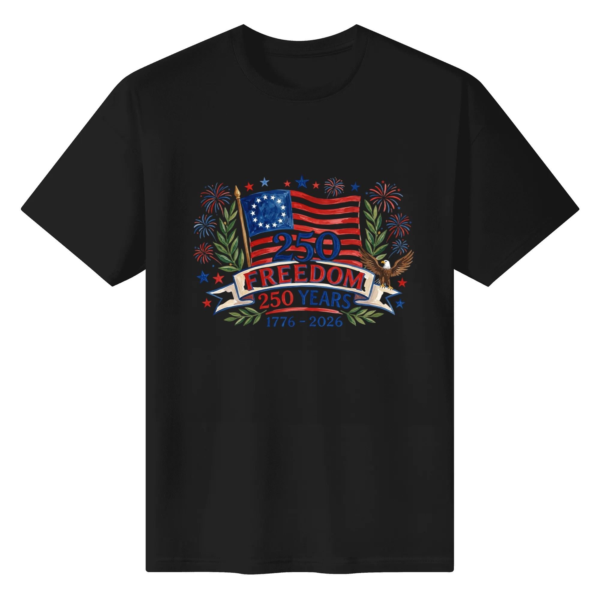 Solid black classic crew neck t-shirt with retro US flag eagle fireworks patriotic print for USA 250 Independence casual wear