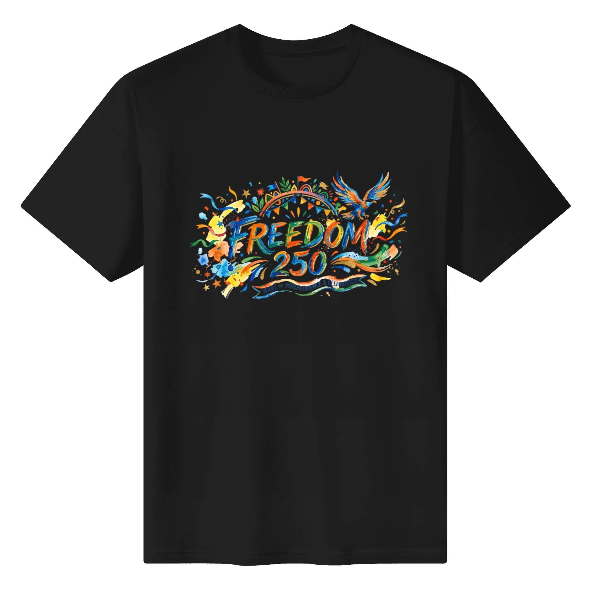 Solid black classic crew neck t-shirt with colorful splash art bald eagle Freedom 250 patriotic print for USA 250 Independence casual apparel