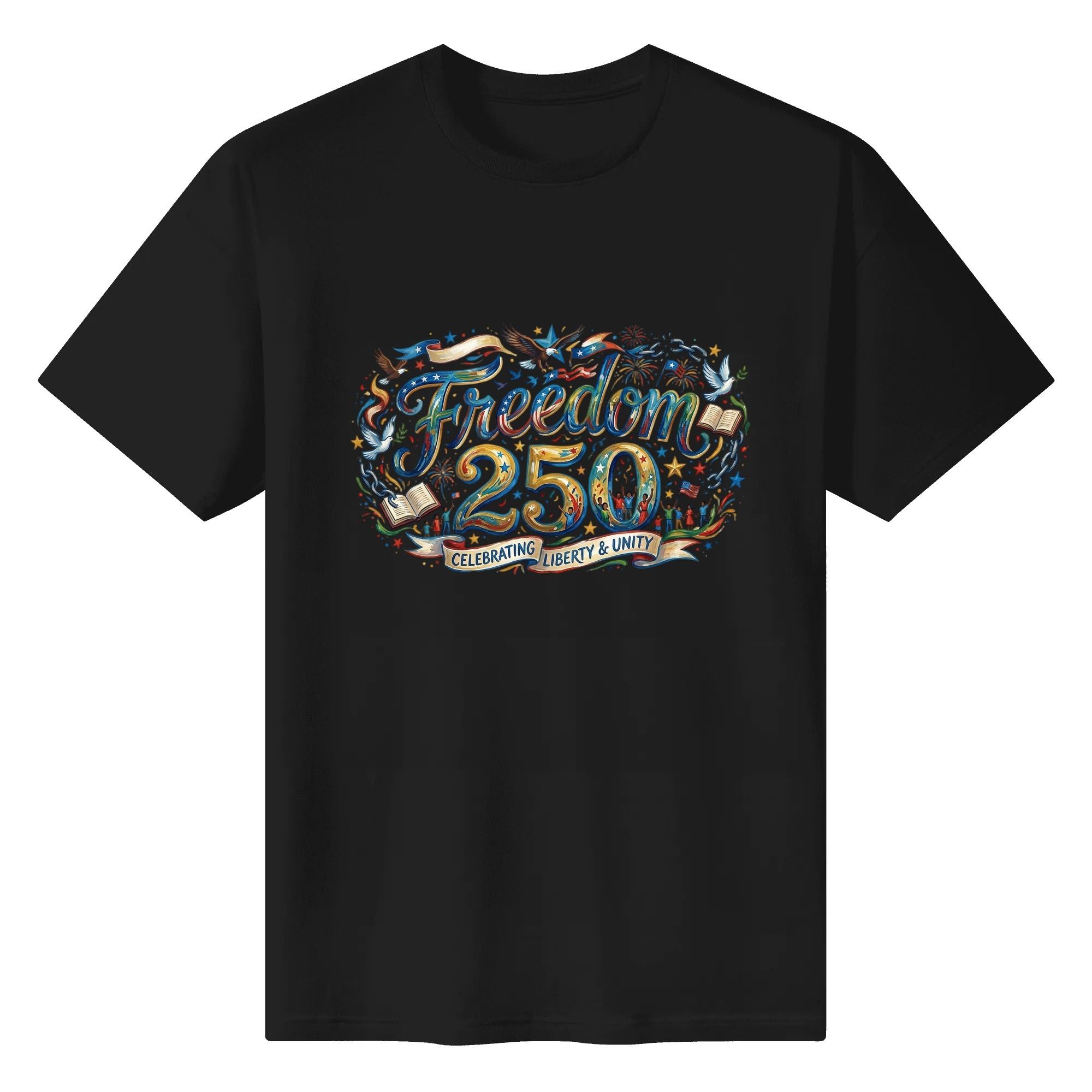 Solid black crew neck casual tee with detailed vintage patriotic Freedom 250 all-element front print for Independence Day apparel