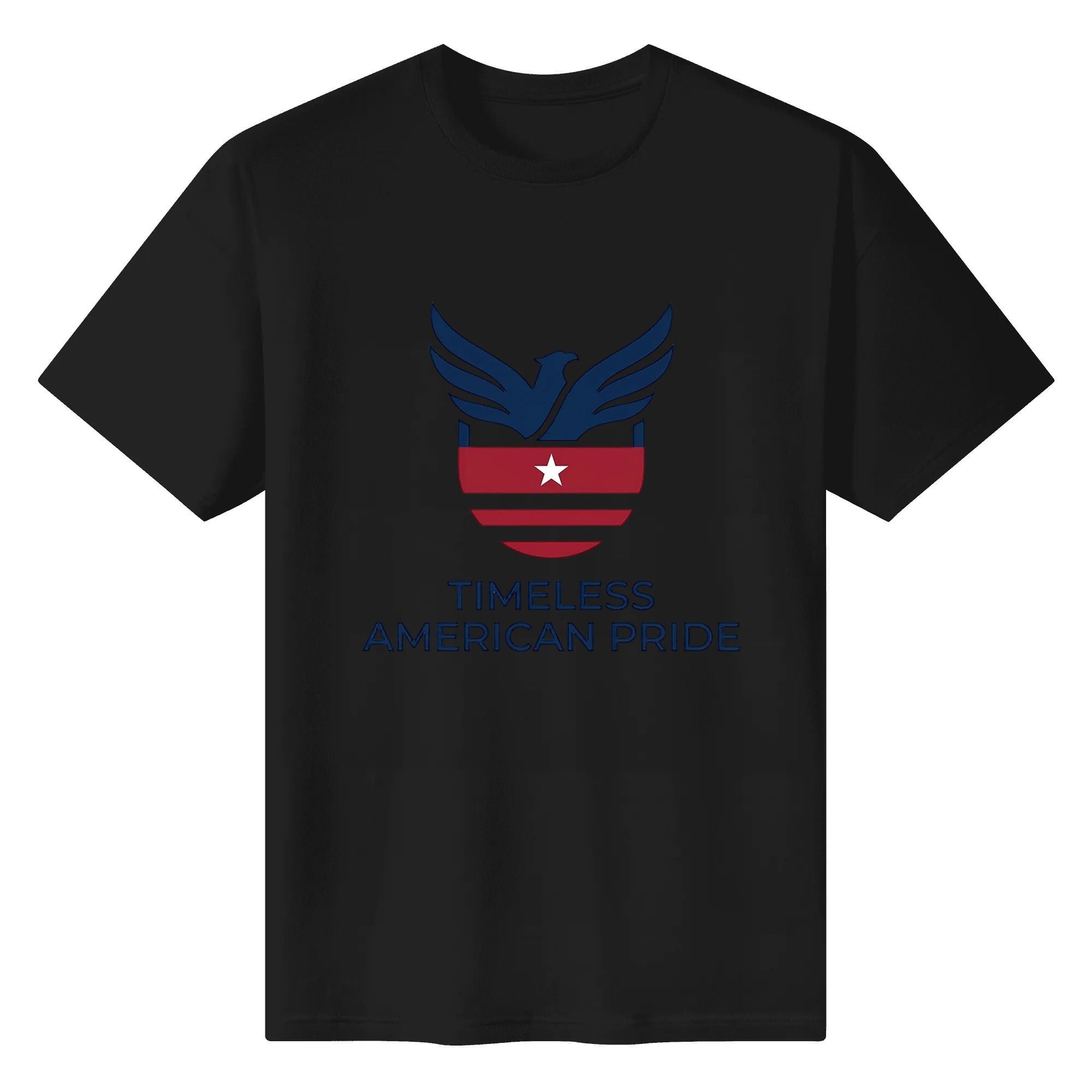 Solid black casual t-shirt with classic patriotic eagle star stripe shield and American pride slogan print