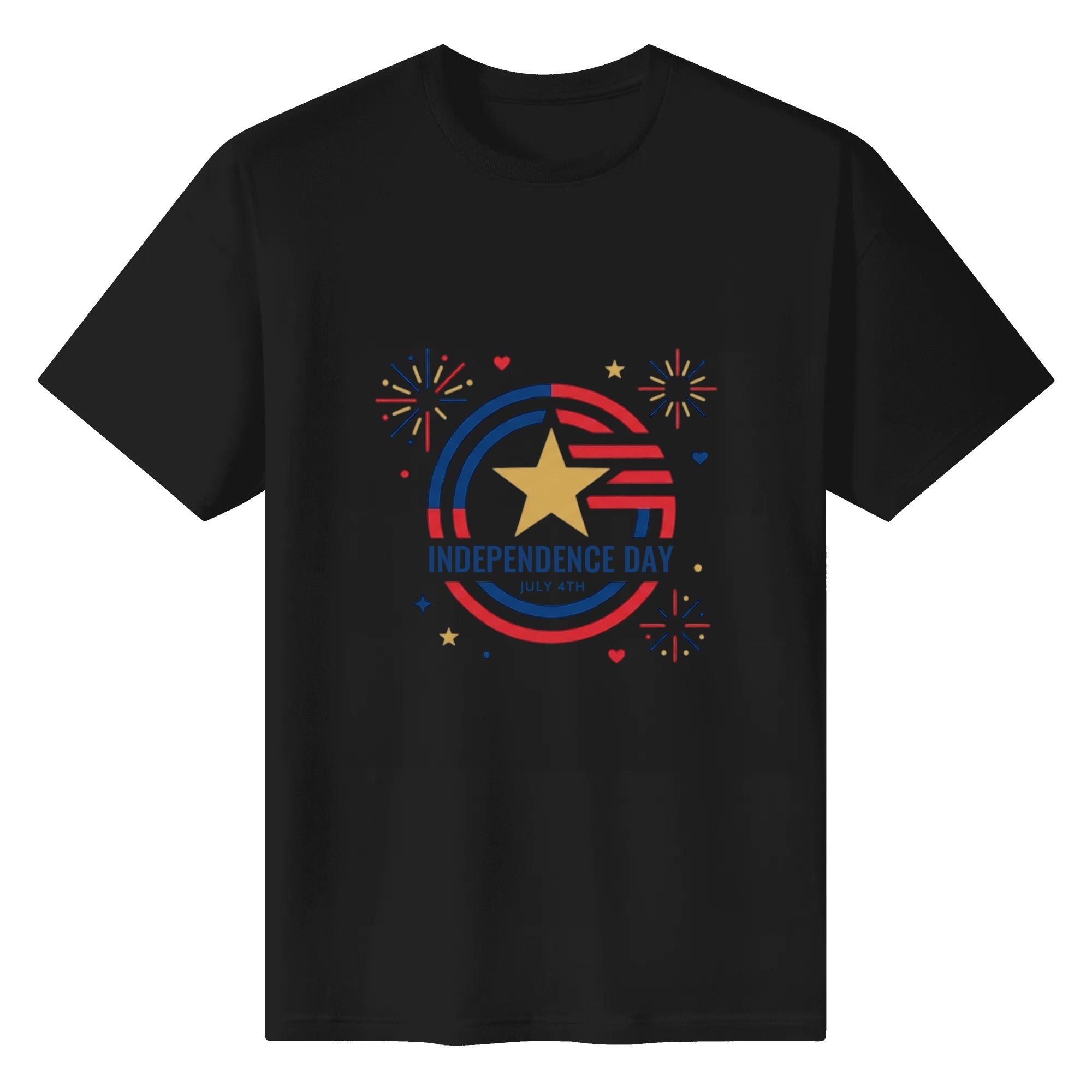 Front view of the black Independence Day T-shirt, showing the same circular star-and-fireworks graphic and patriotic text print