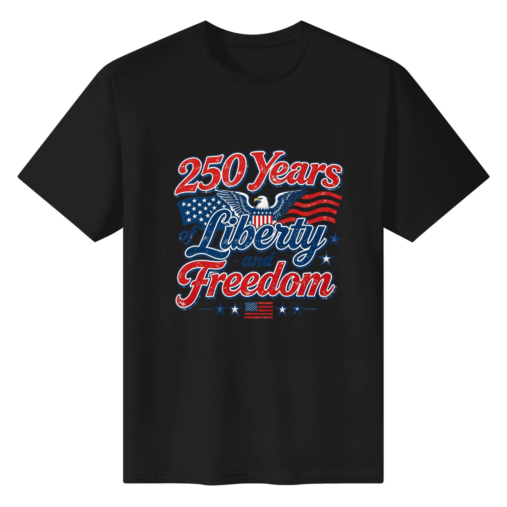 Solid black crew neck t-shirt with matching distressed 250 Years of Liberty and Freedom graphic print