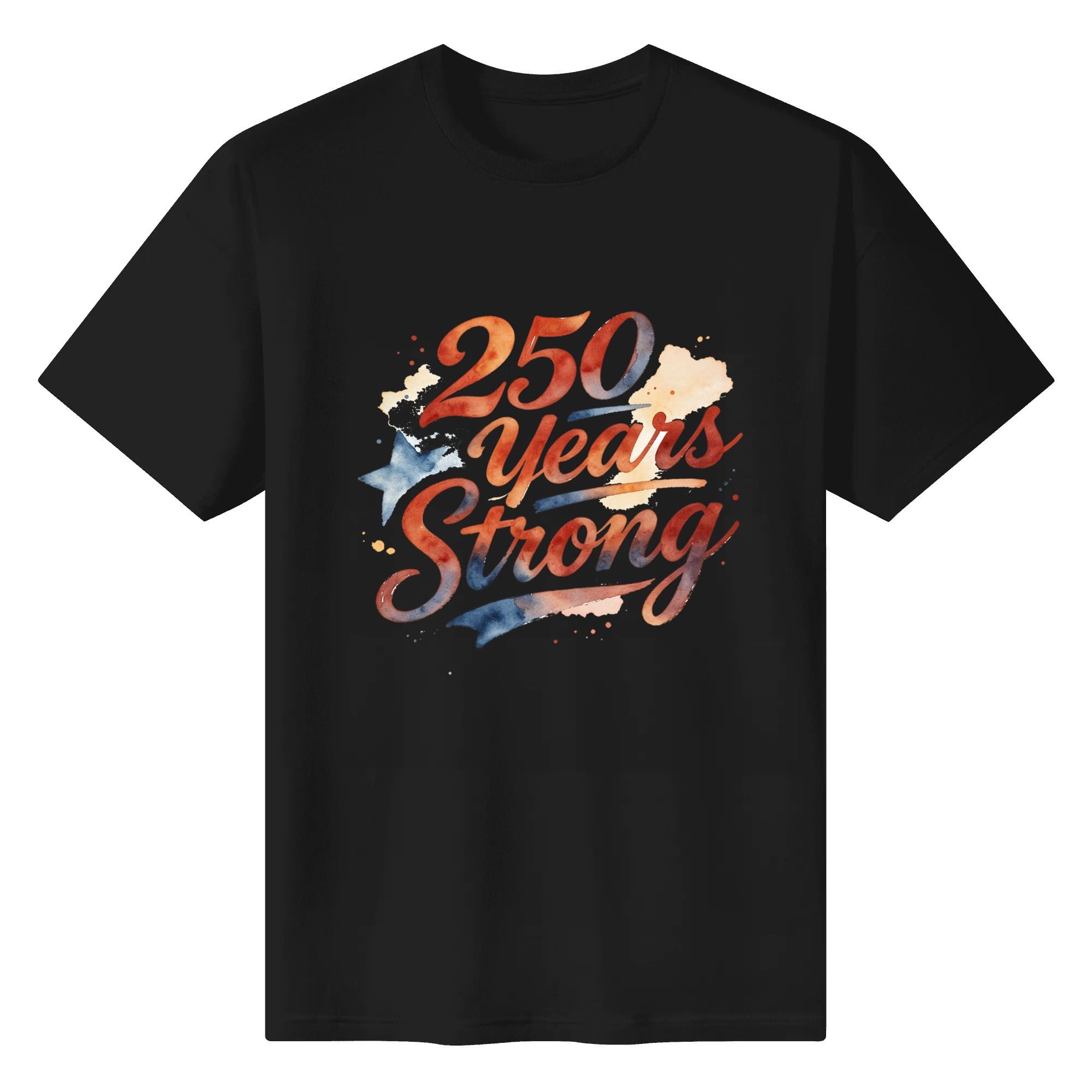 Front view of the black “250 Years Strong” T-shirt, showing the same watercolor patriotic print design