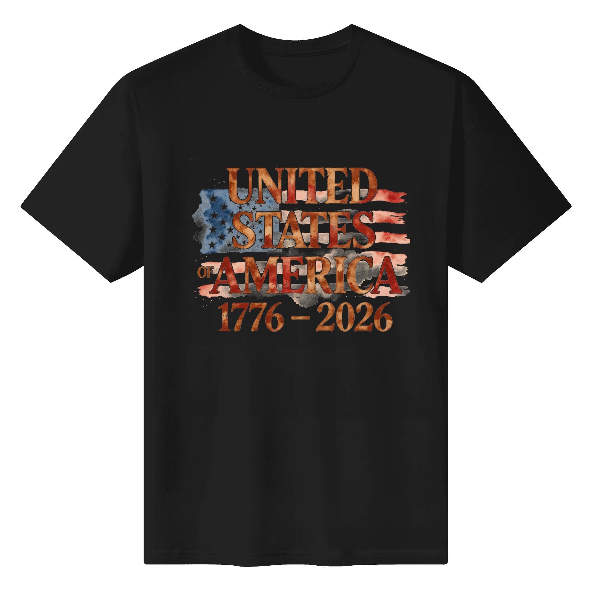 Front view of the black “USA 1776-2026” T-shirt, showing the same watercolor flag and patriotic text print design