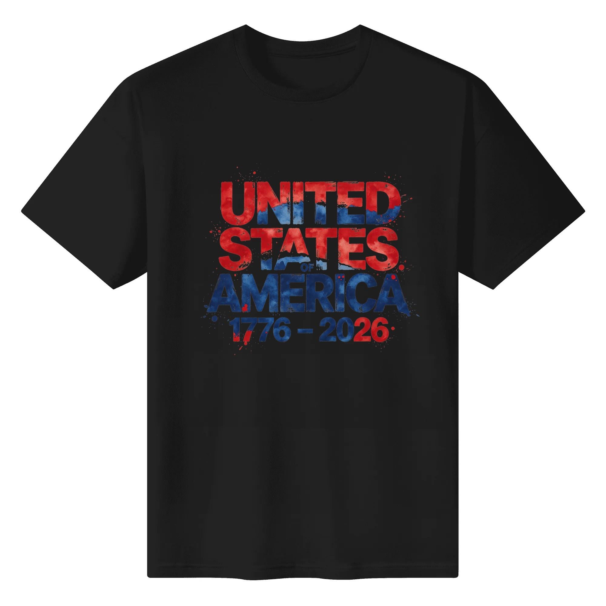 Front view of the black “USA 1776-2026” T-shirt, showing the same watercolor splatter patriotic text print design