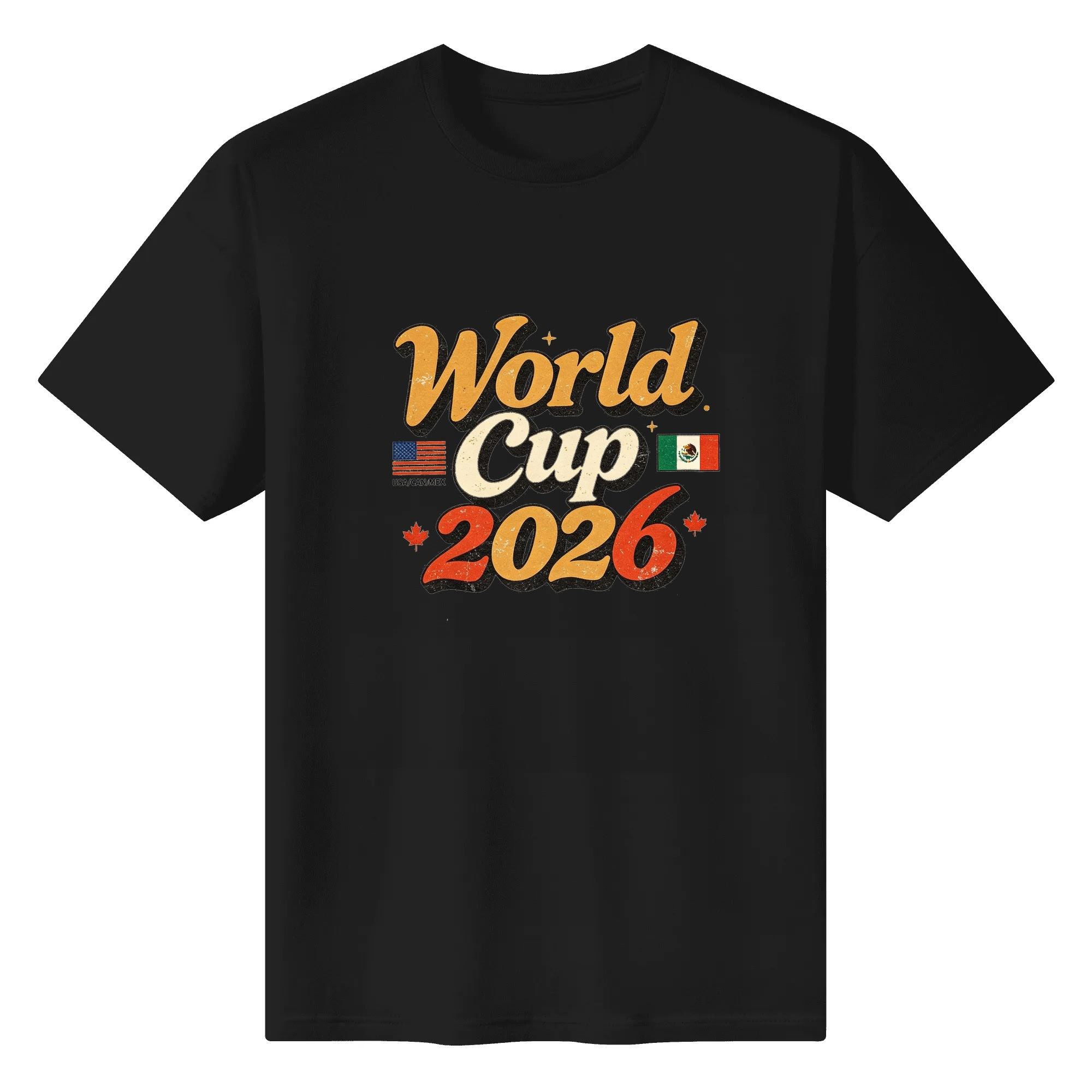 Front view of the black “World Cup 2026” T-shirt, showing the same retro graphic and host country flags design