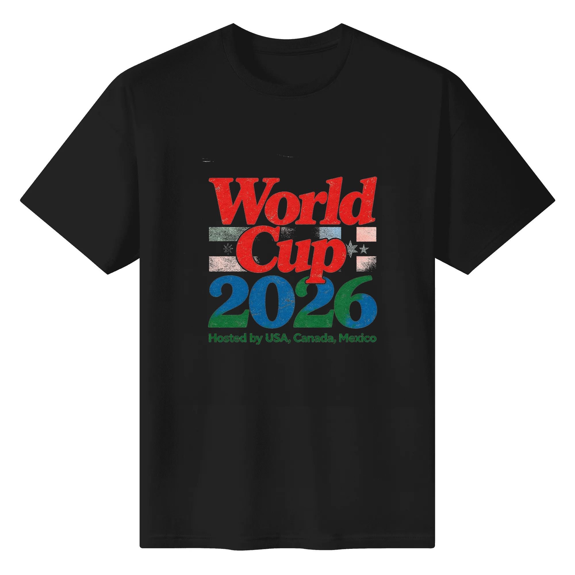 Front view of the black “World Cup 2026” T-shirt, showing the same retro graphic and host nations design