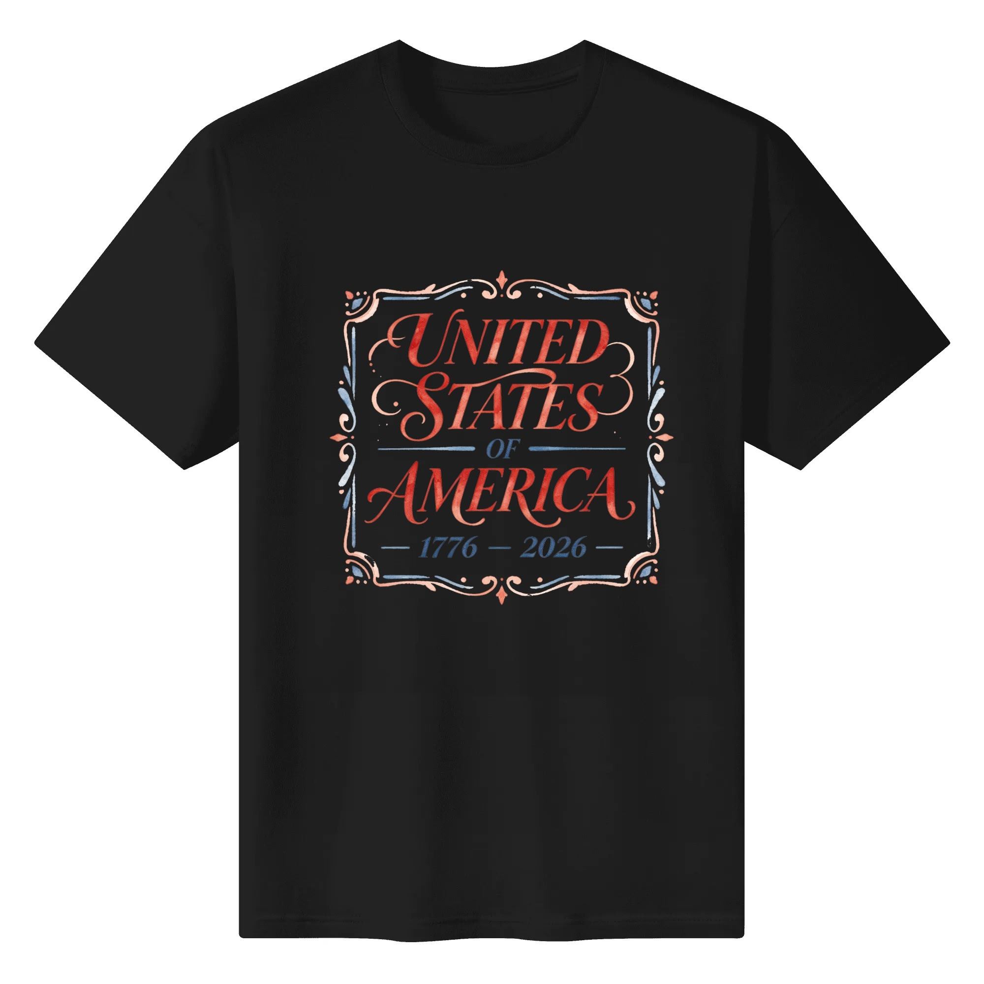Front view of the black T-shirt, showing the same vintage watercolor graphic and patriotic design