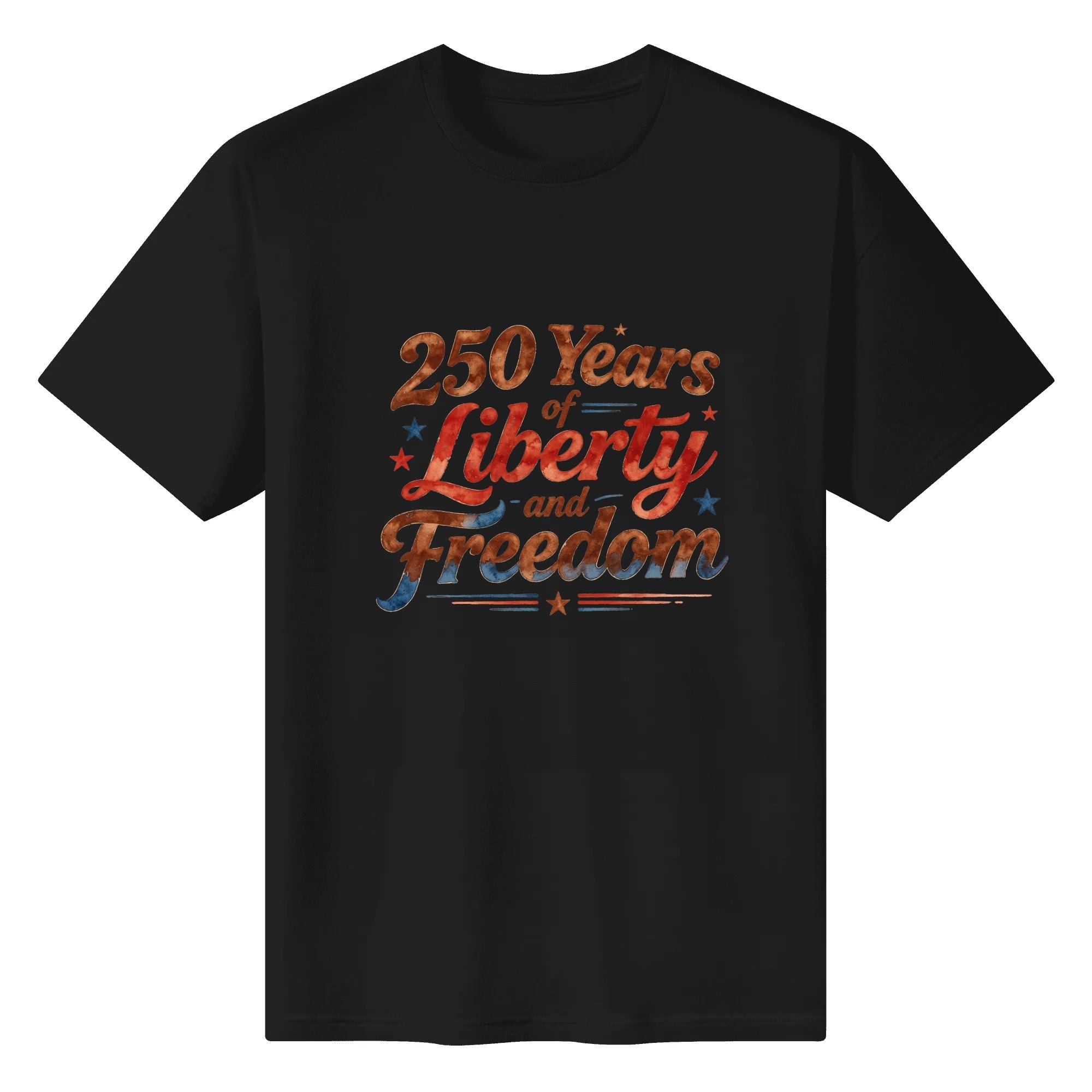 Front view of the black T-shirt, showing the same vintage watercolor graphic and patriotic design