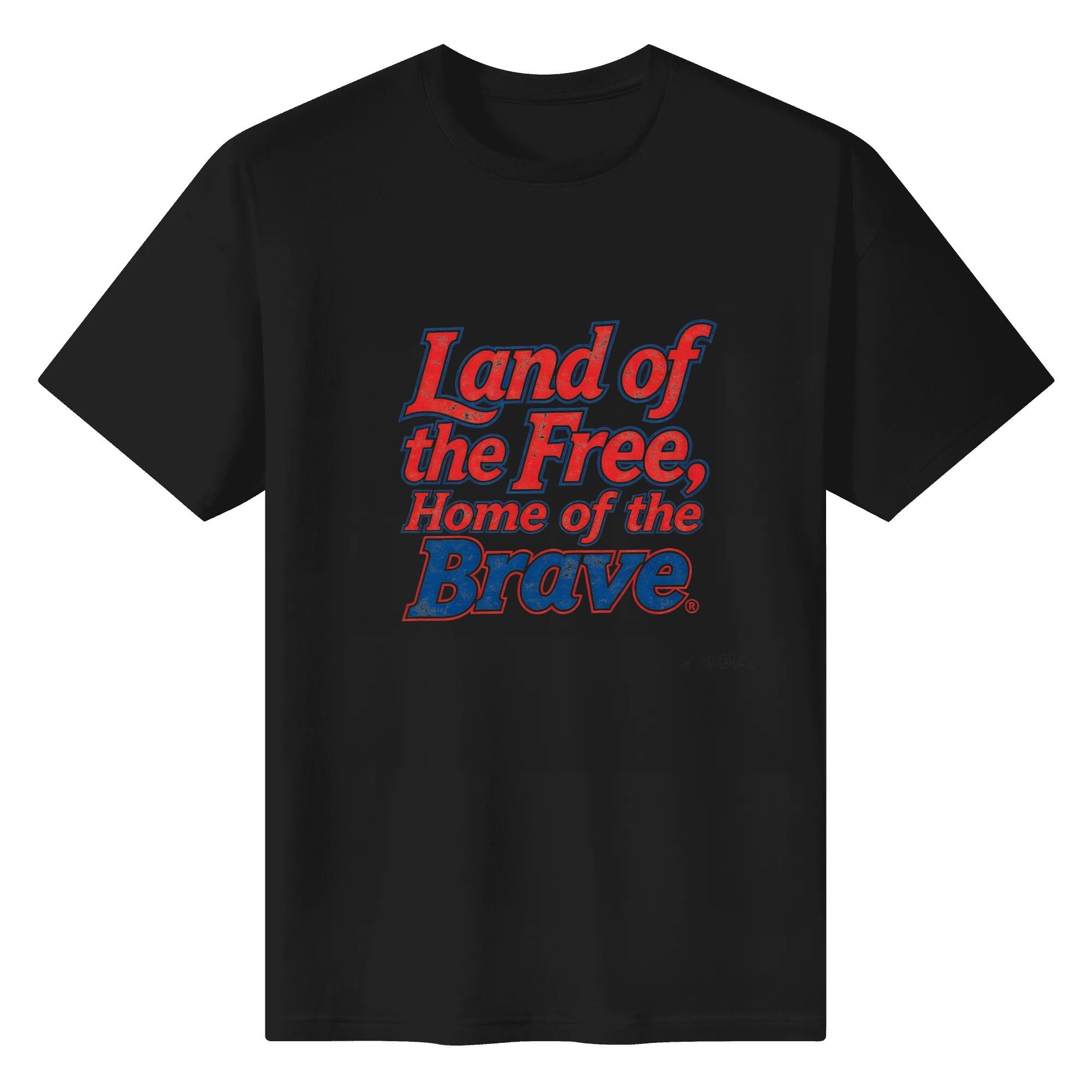 Flat lay view of the black t-shirt featuring the distressed red and blue "Land of the Free, Home of the Brave" print.