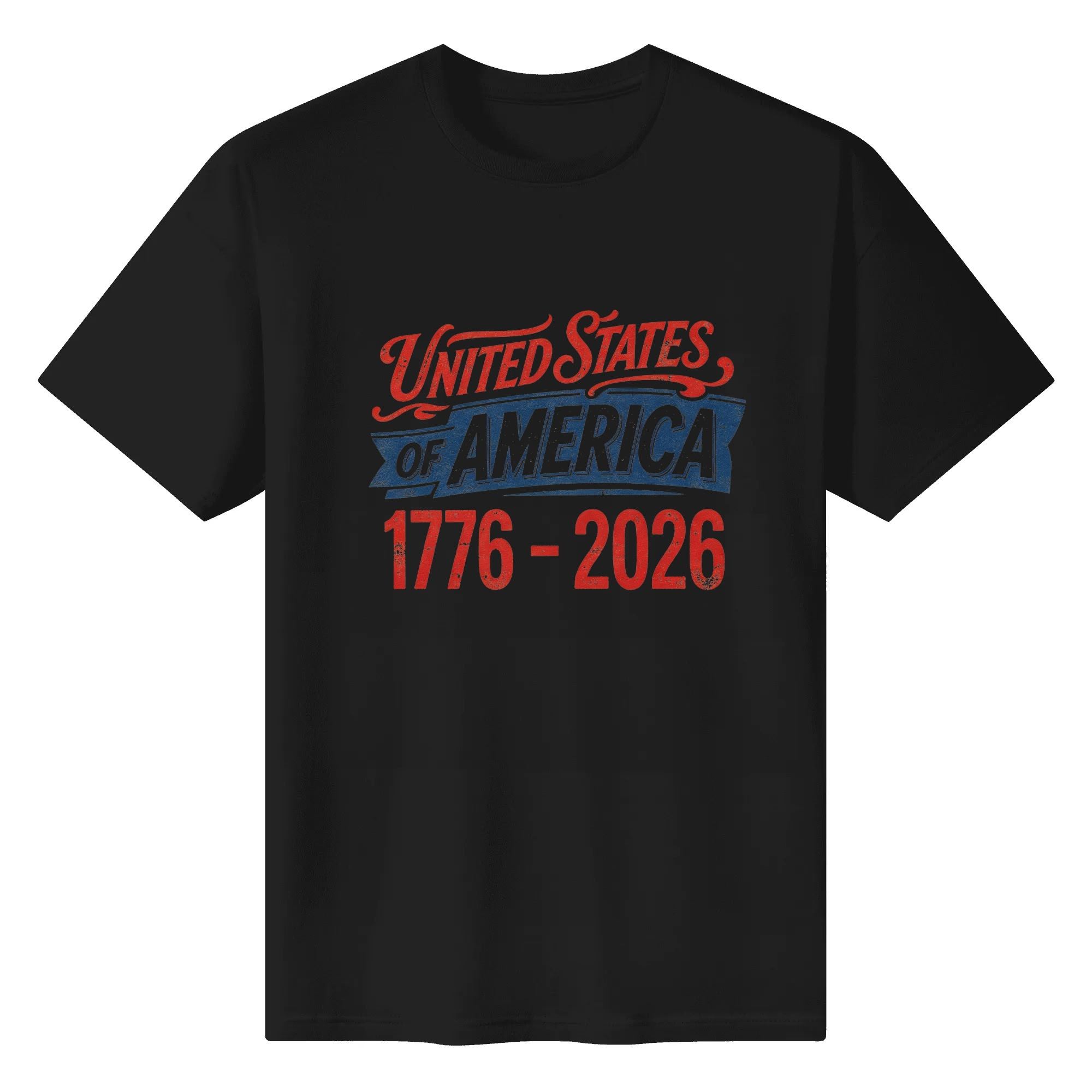 Flat lay view of the black t-shirt featuring the distressed red, white, and blue "United States of America 1776-2026" print.