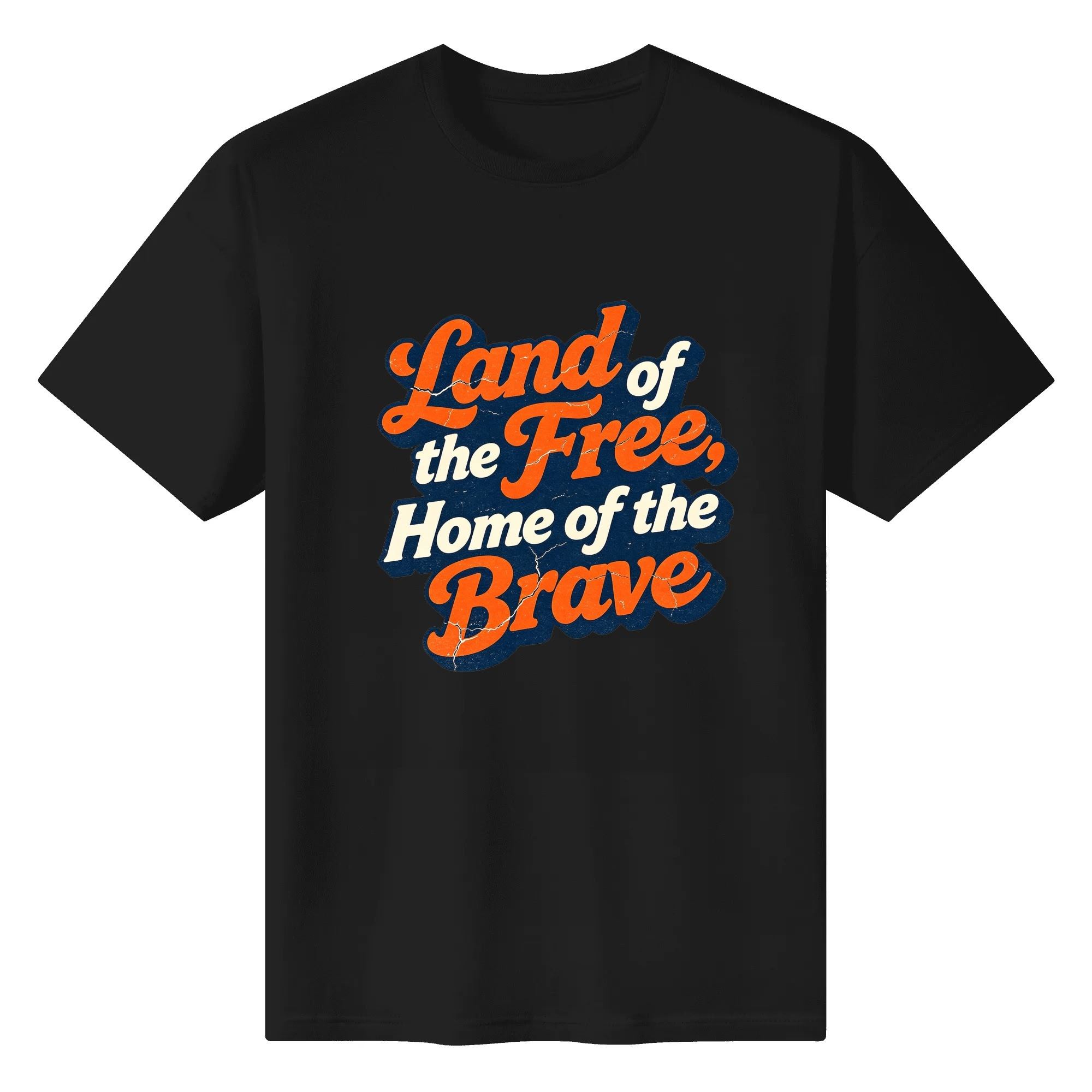 Flat lay view of the black t-shirt featuring the distressed 70s-style "Land of the Free, Home of the Brave" print in orange, cream, and navy.