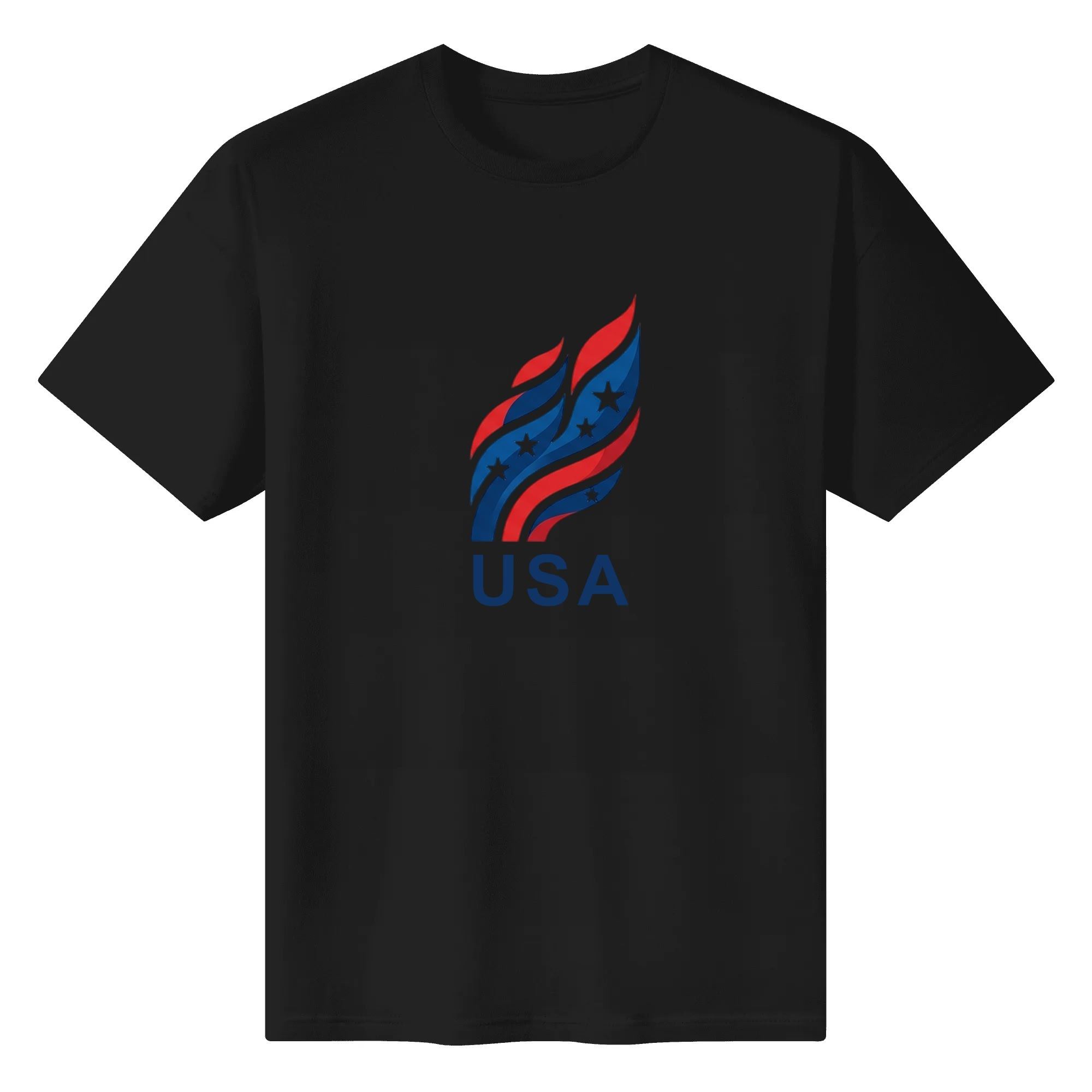 Flat lay view of the black t-shirt featuring the modern red, white, and blue flame-style "USA" print.