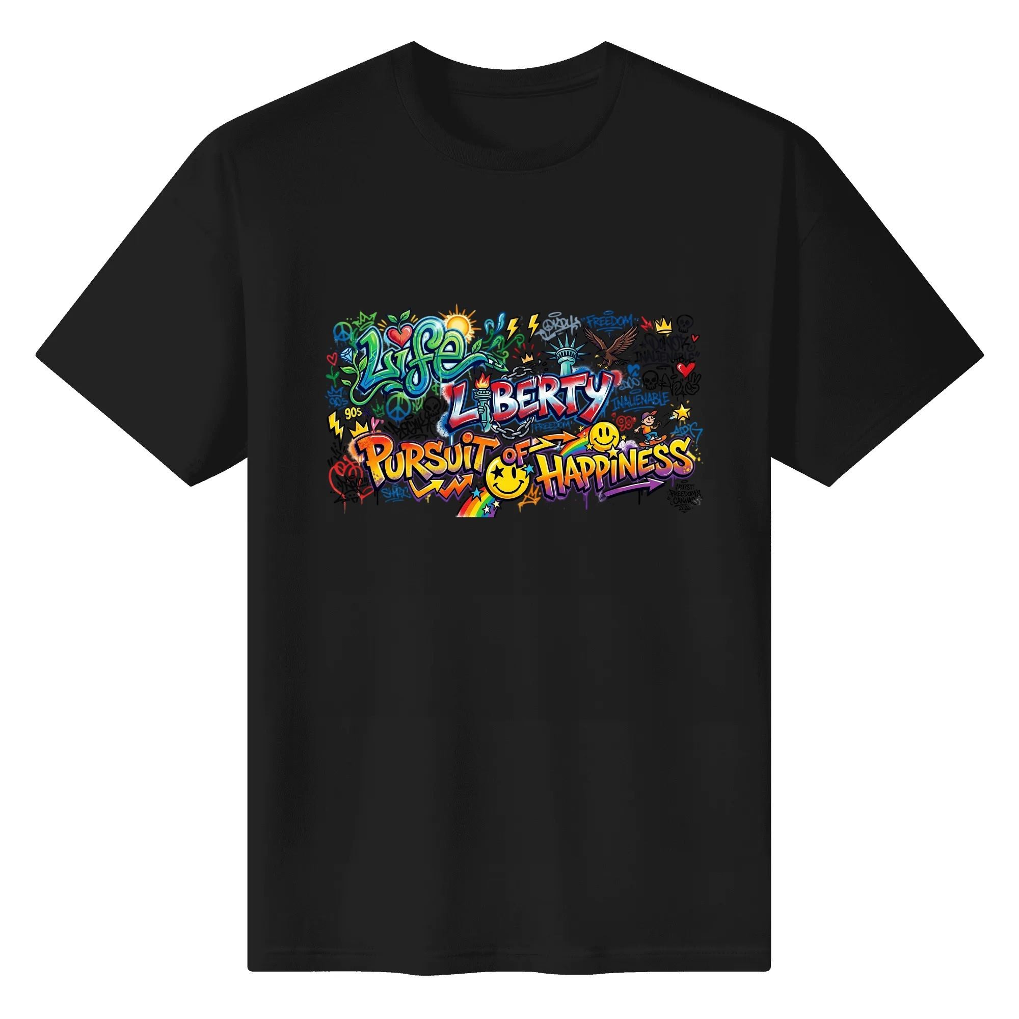 Flat lay of the black T-shirt featuring the same colorful graffiti print against a black background.