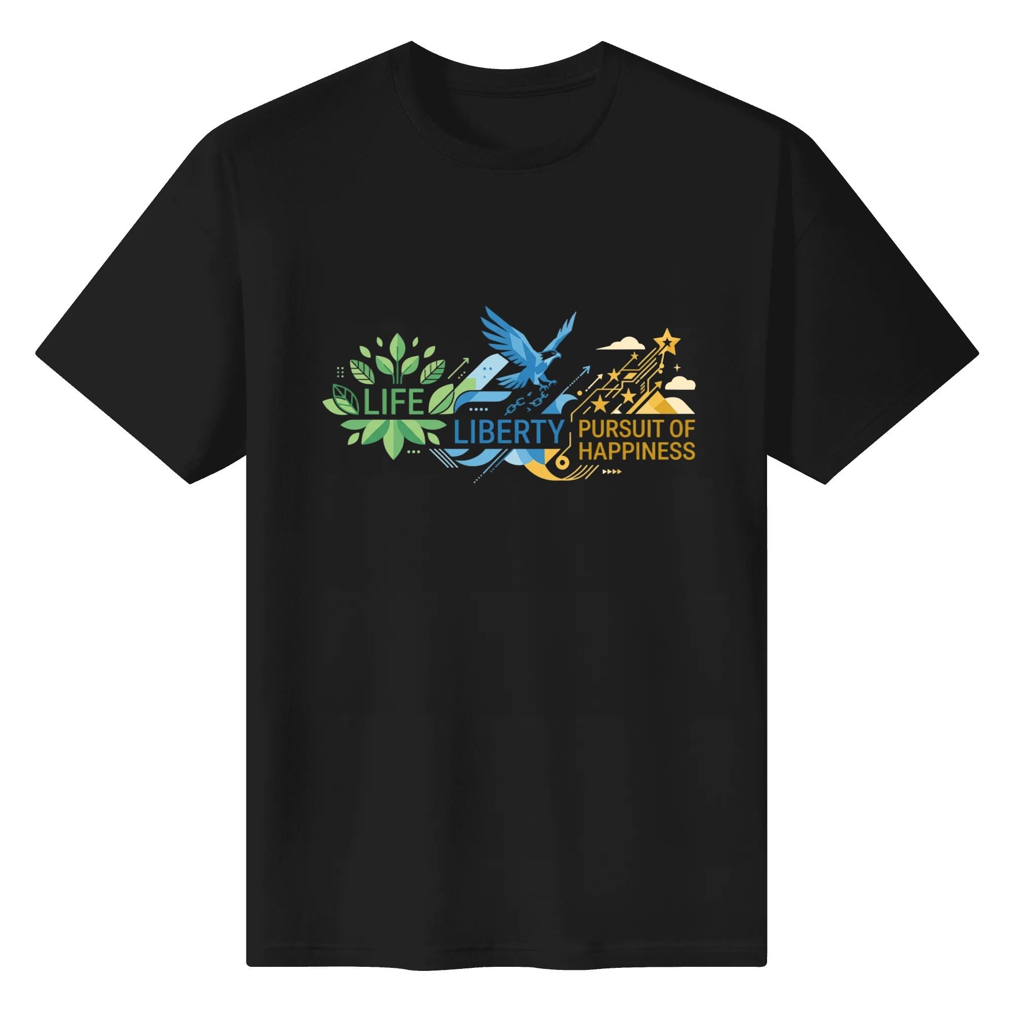Flat lay of the black T-shirt featuring the same minimalist print against a black background.