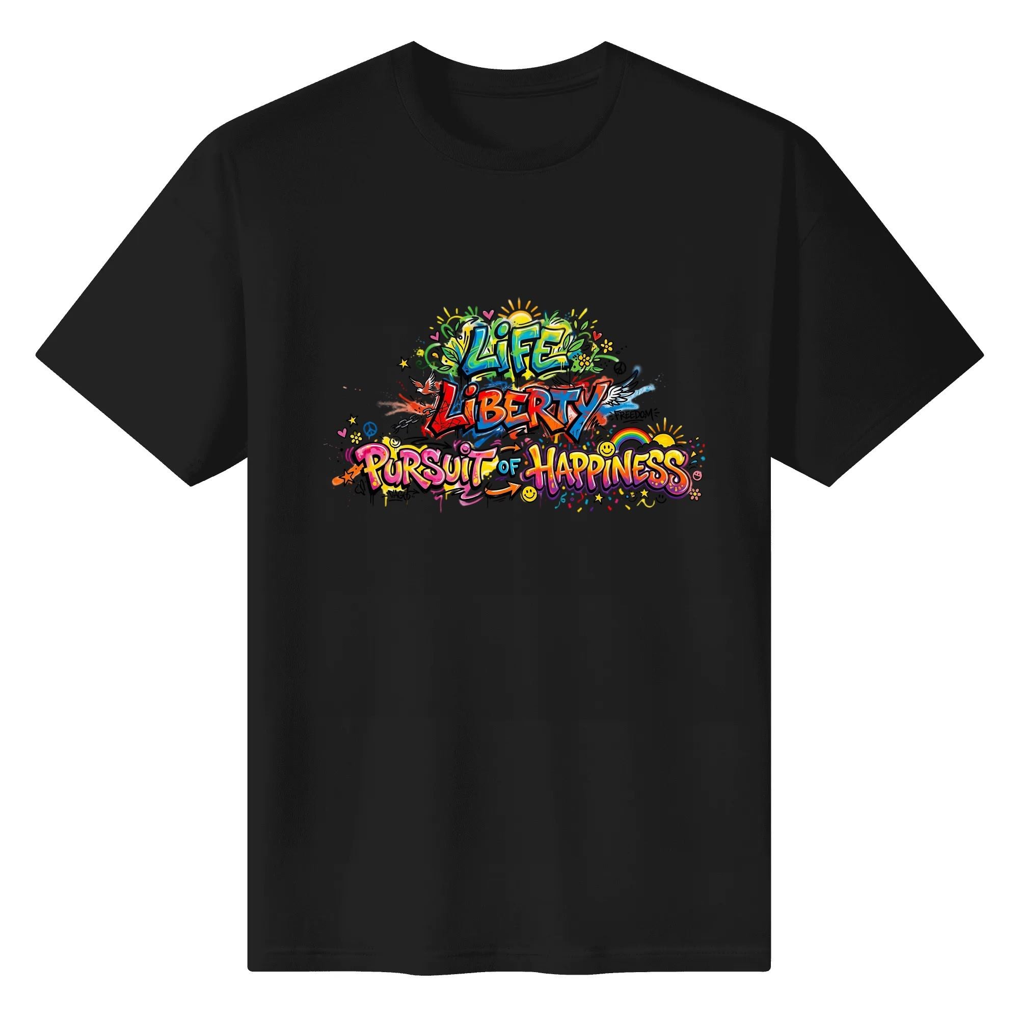 Flat lay of the black T-shirt featuring the same colorful graffiti print against a black background.