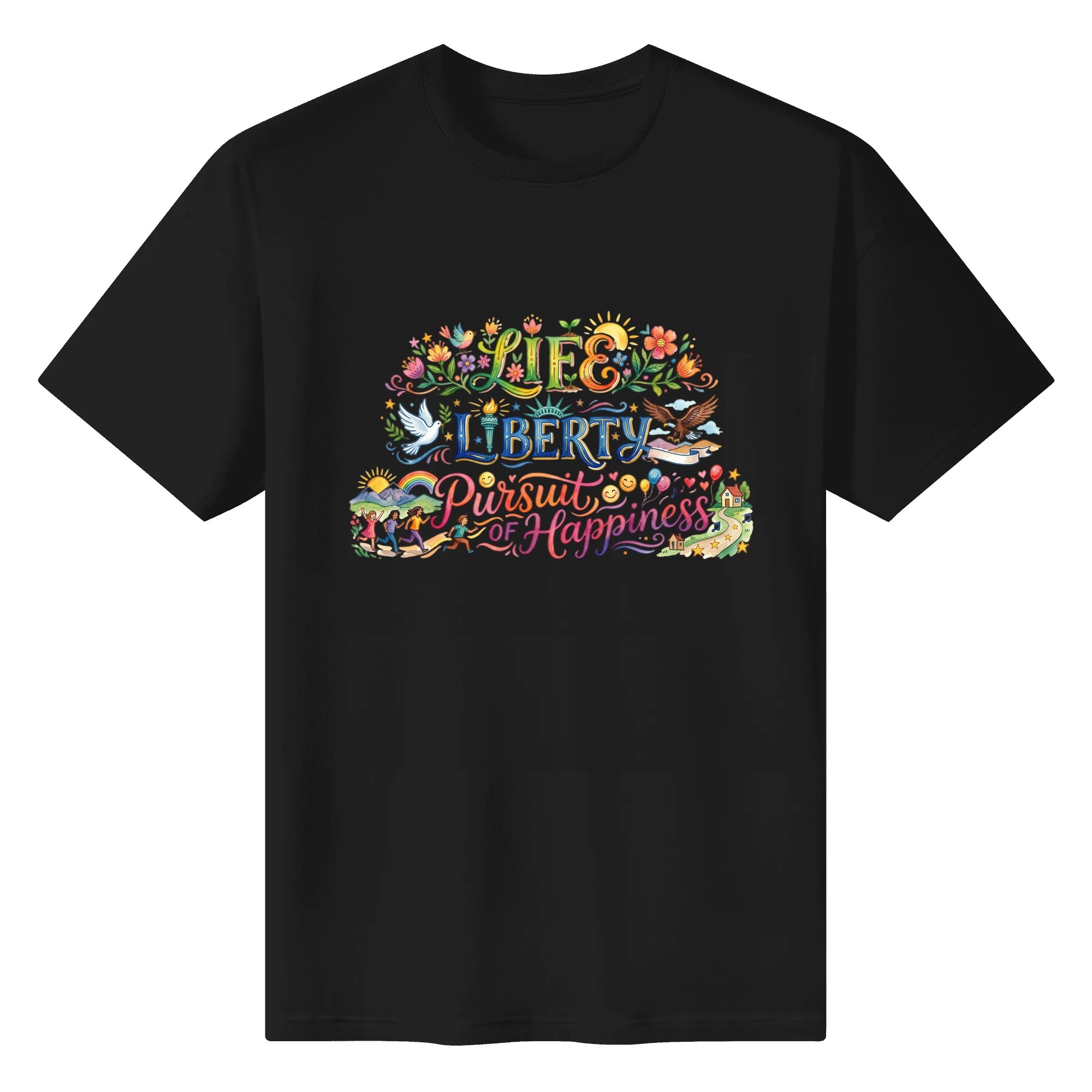 Flat lay of the black T-shirt featuring the same watercolor folk-art print against a black background.