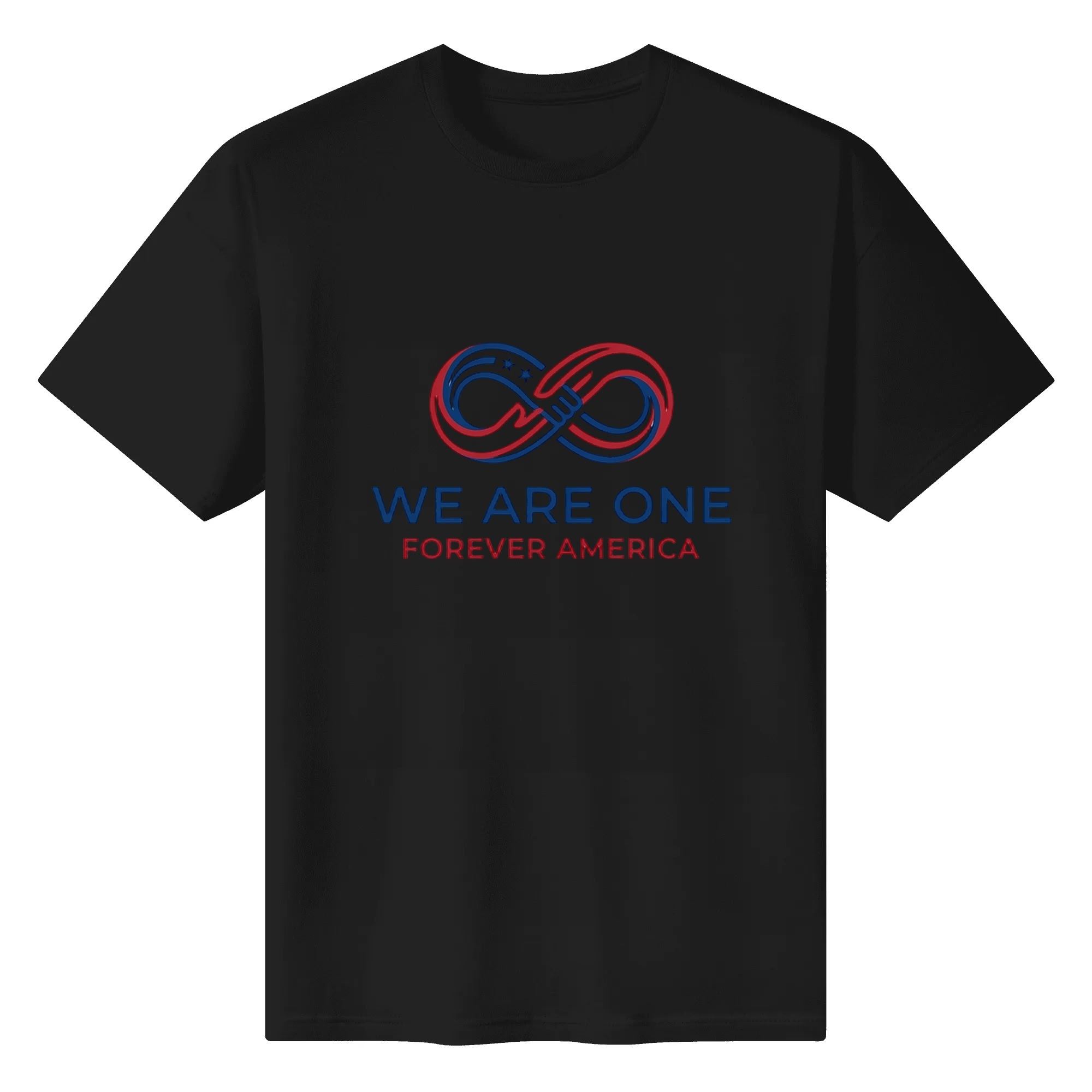 Flat lay of the black T-shirt featuring the same infinity emblem print against a black background.